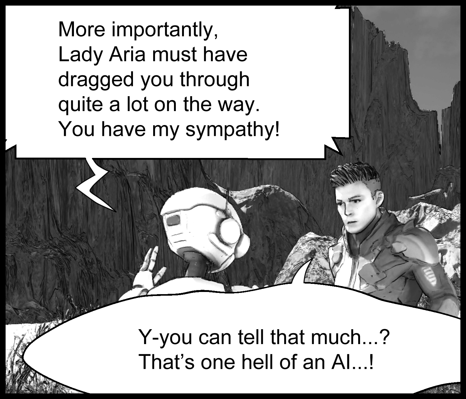 The protagonist is amazed by the highly advanced AI robot