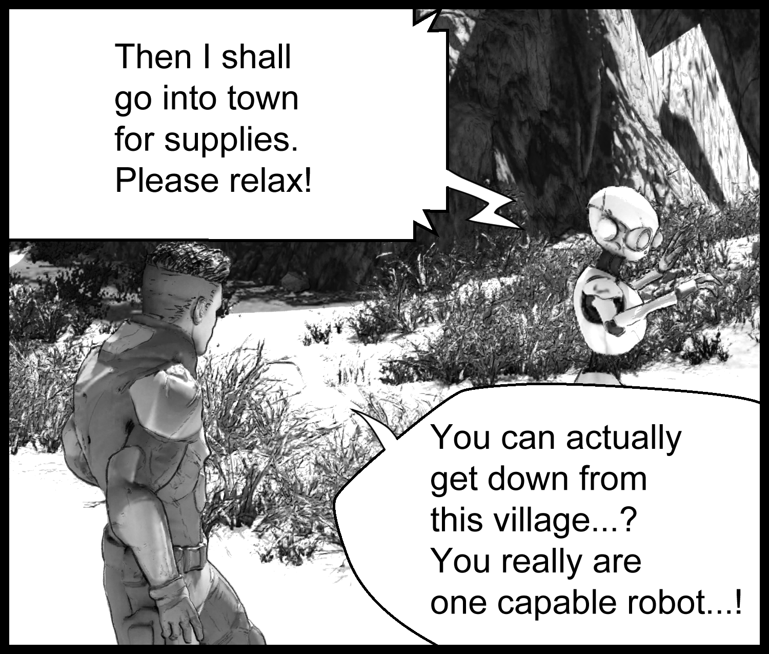 G-K1 heads out to buy supplies while the protagonist looks impressed
