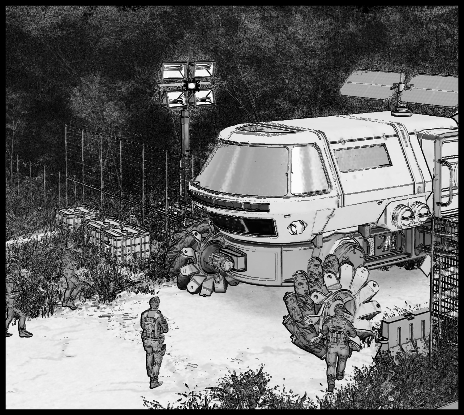 Guards and transport vehicles gather in front of the research facility