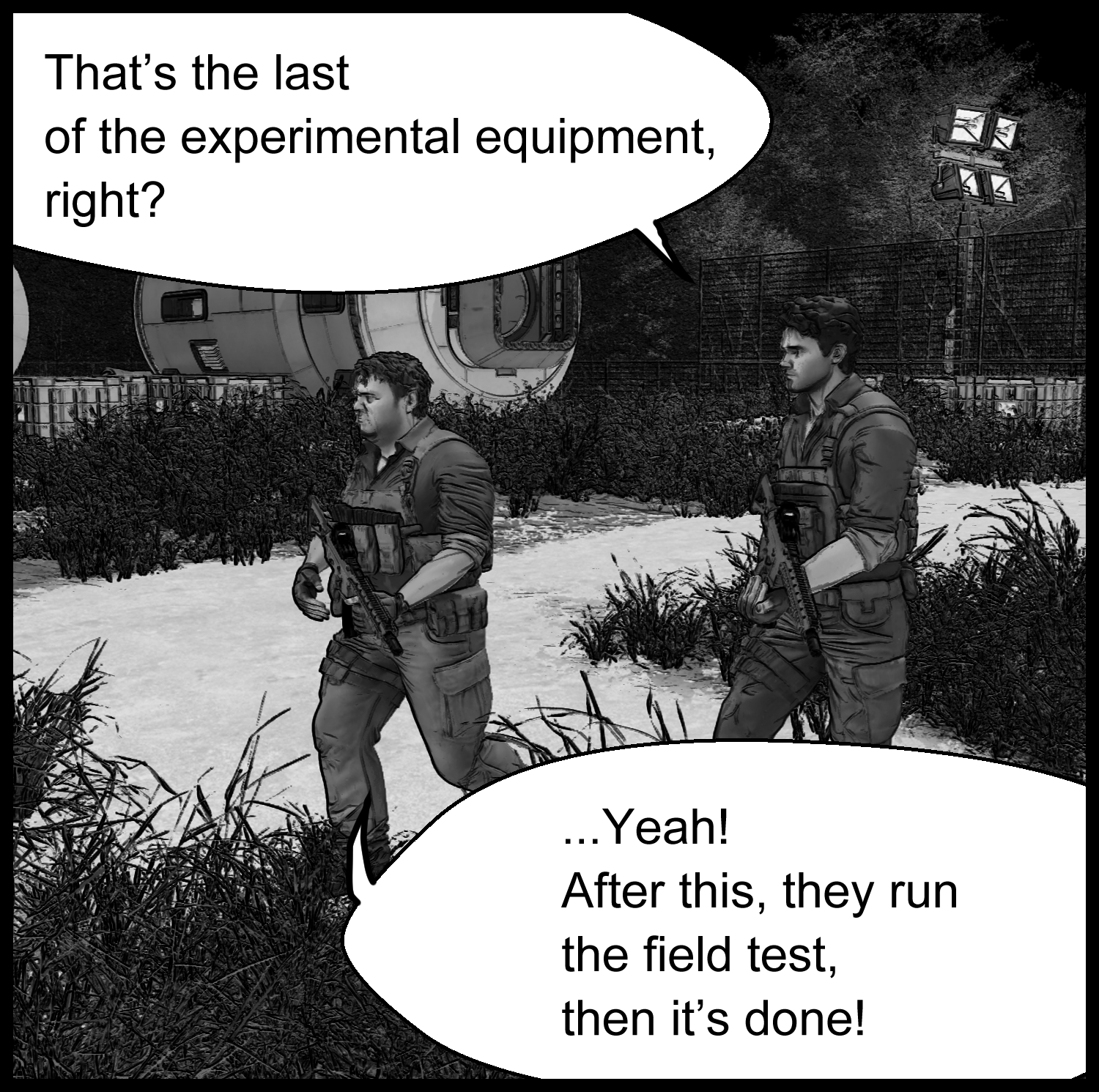 Facility guards talk about the delivery of experimental equipment