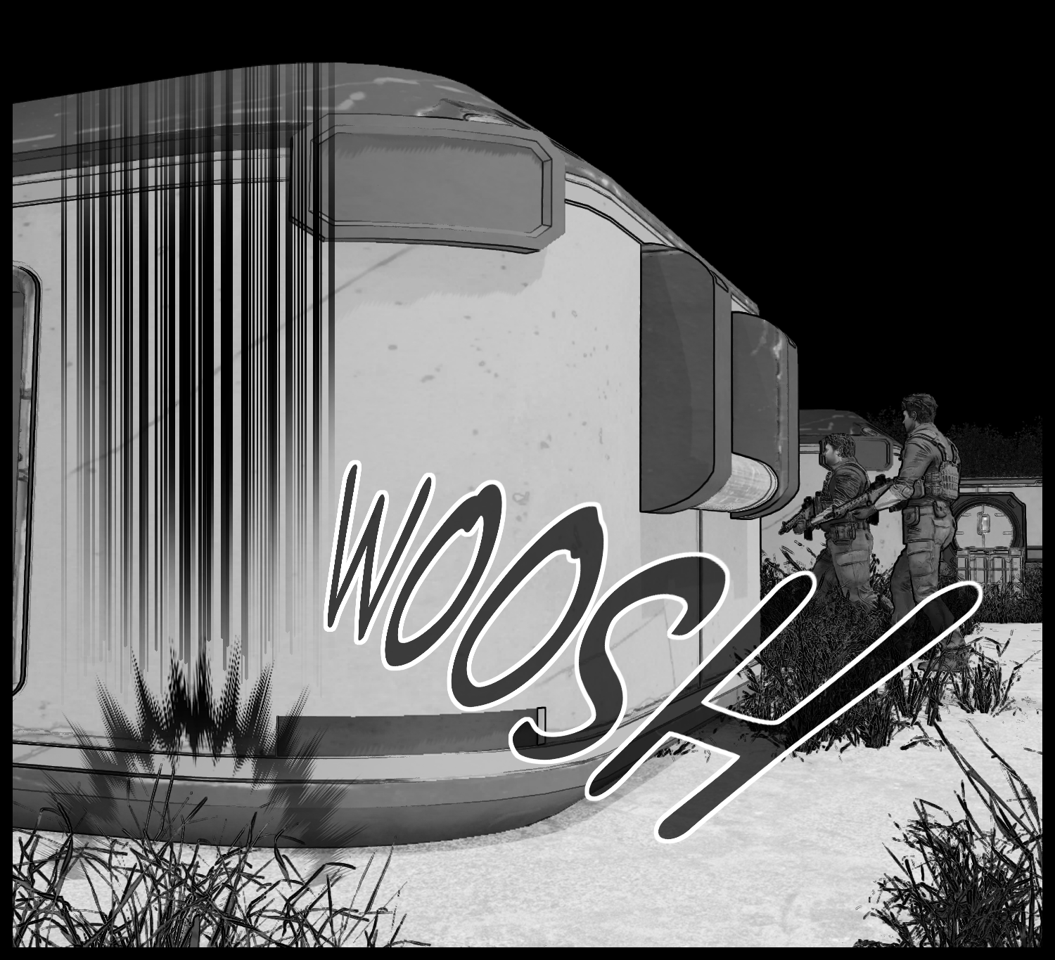 The protagonist quickly moves into the shadow of a building and looks for a chance to infiltrate
