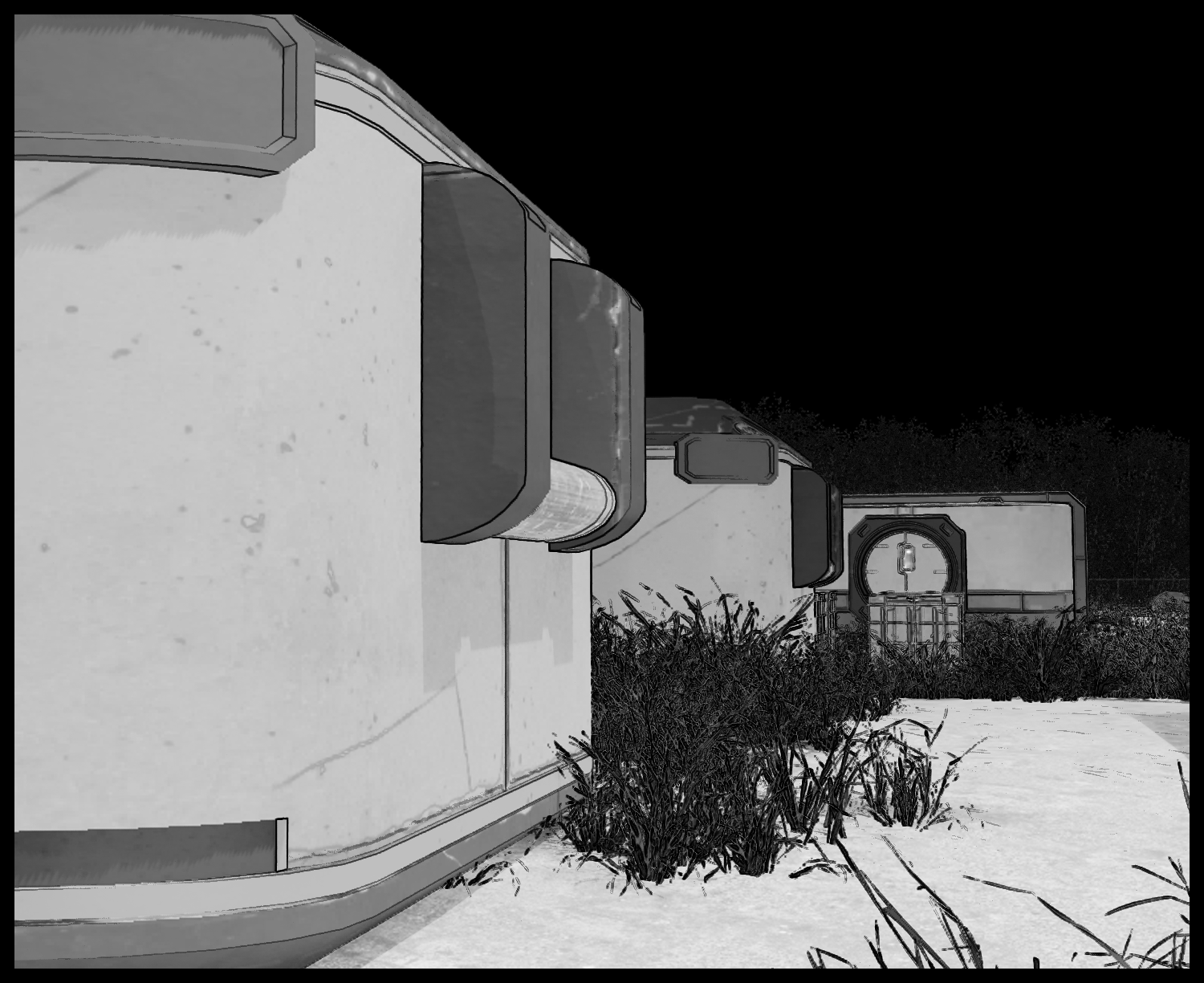 The protagonist quickly moves into the shadow of a building and looks for a chance to infiltrate