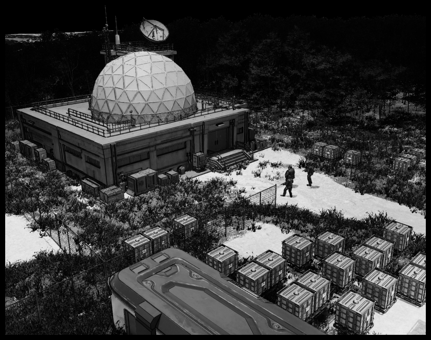 An overhead view of a research facility with a dome-shaped building