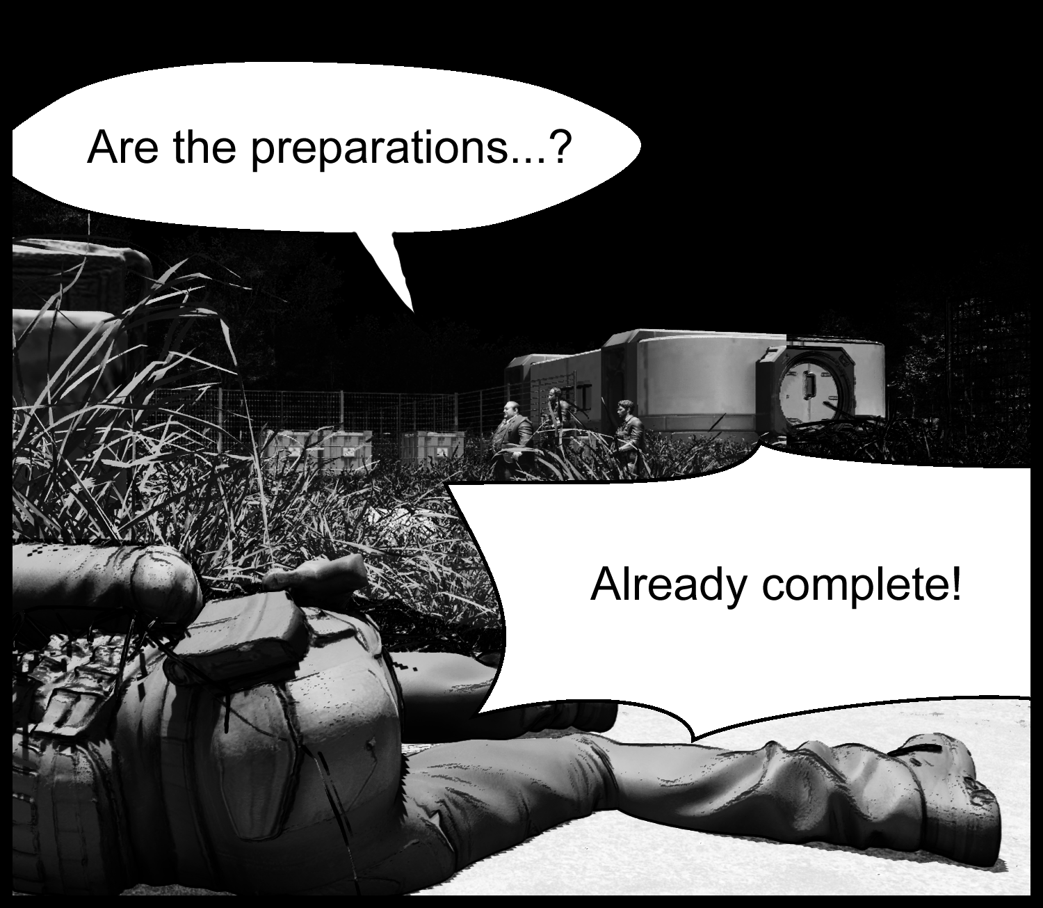 The protagonist stands near the fallen guards and confirms he is ready to infiltrate the facility