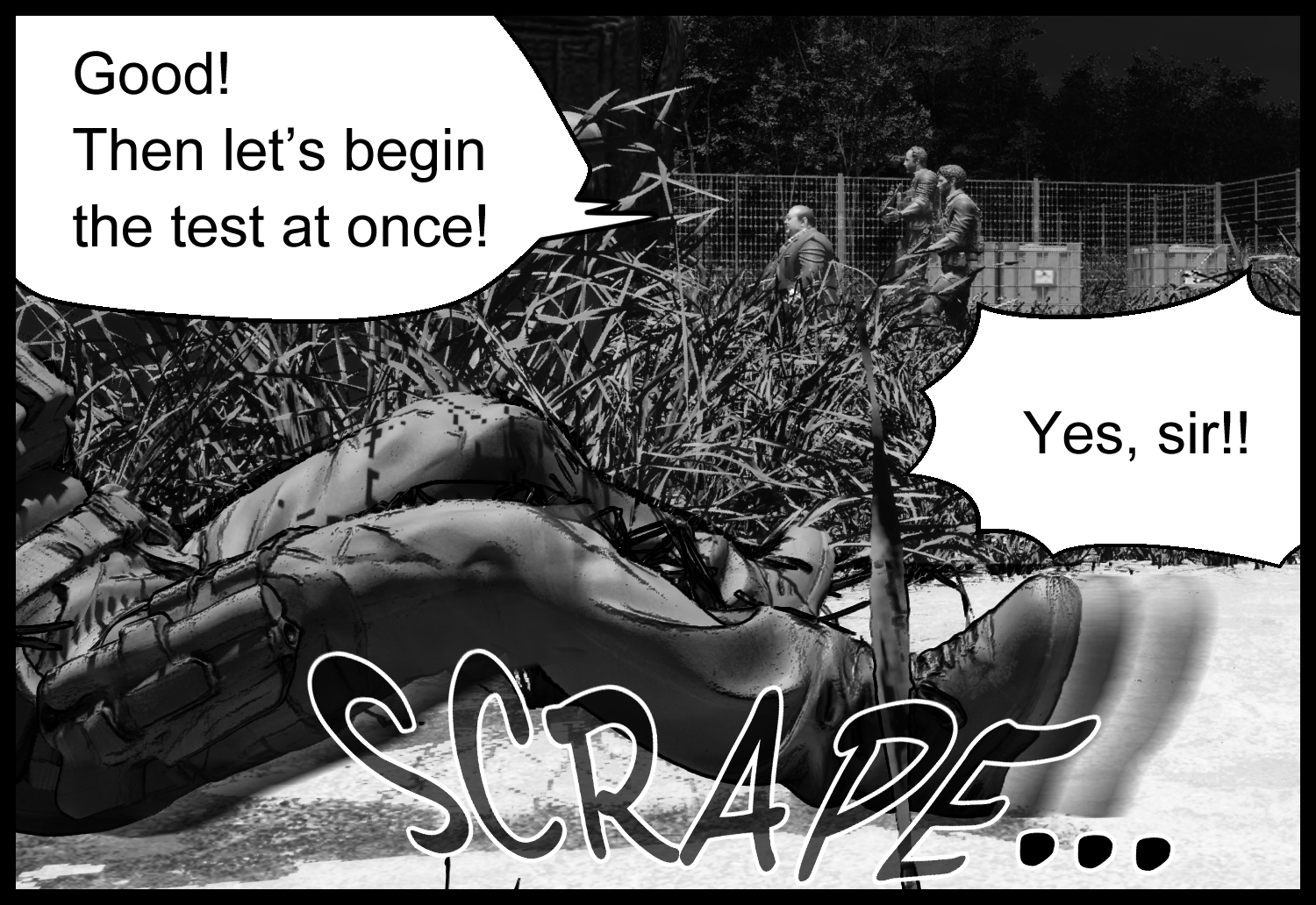 The protagonist overhears guards rushing to the laboratory and decides to act quickly