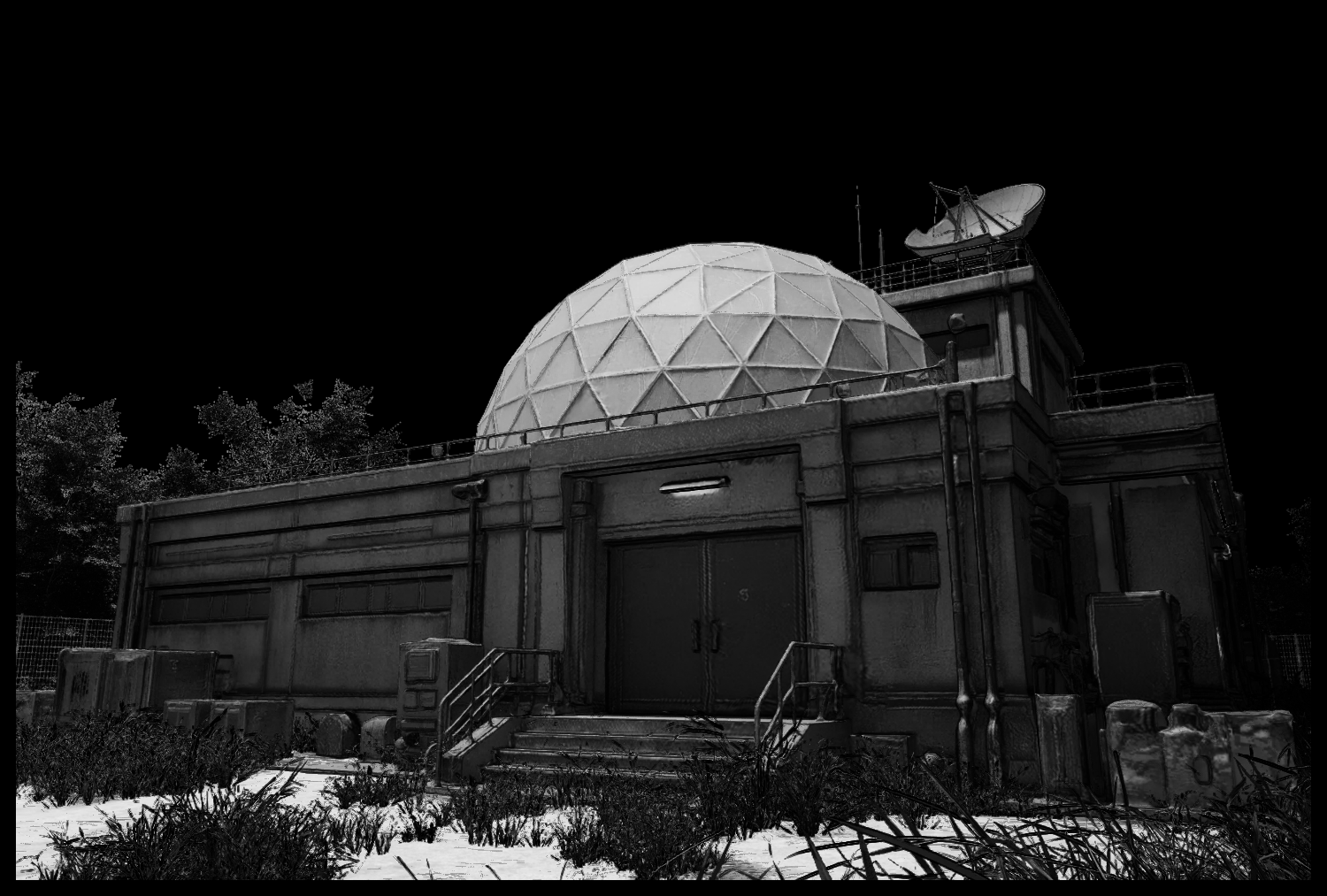 A tense scene before infiltration showing the entrance to the research facility at night