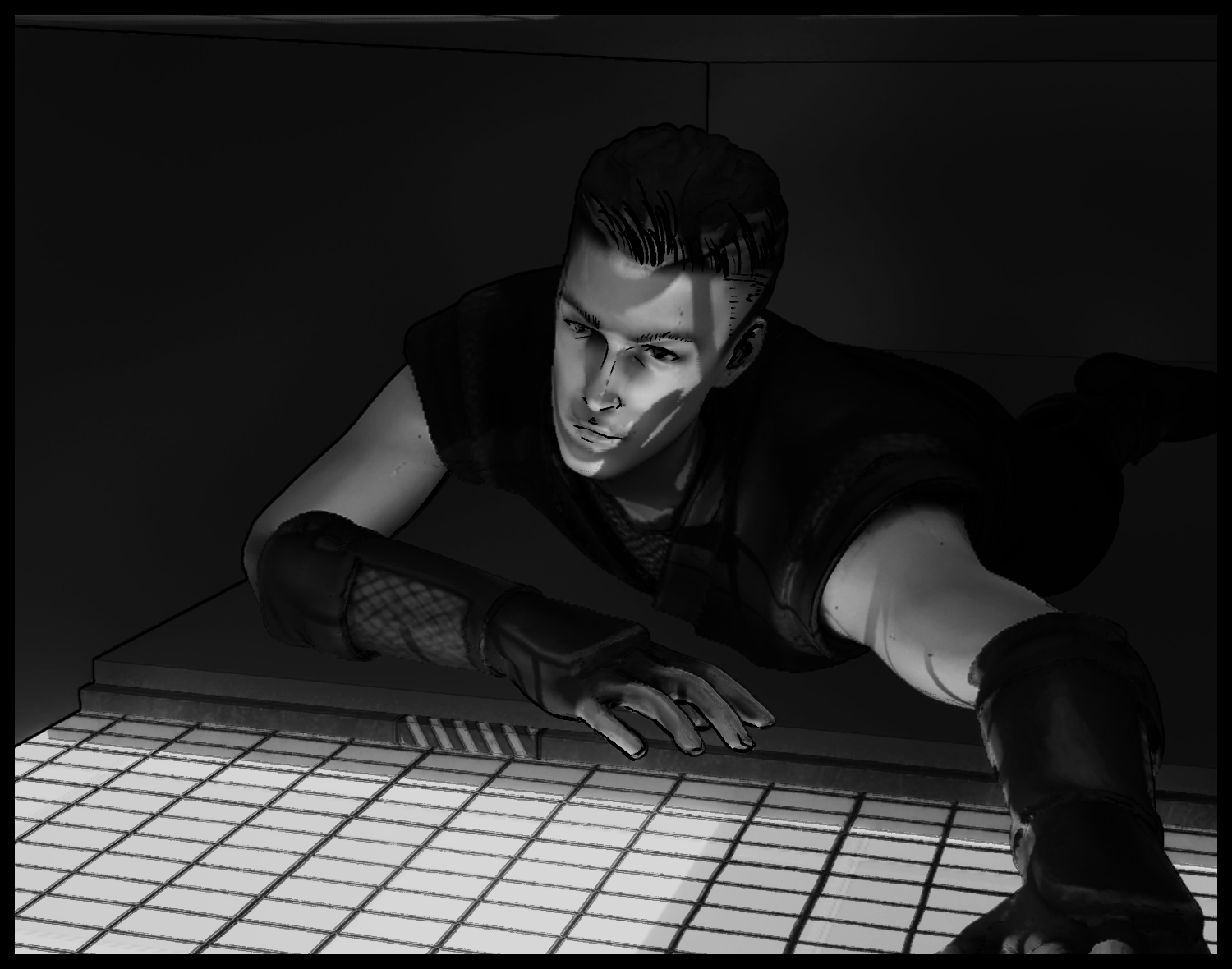The protagonist watches the room from inside the air vent