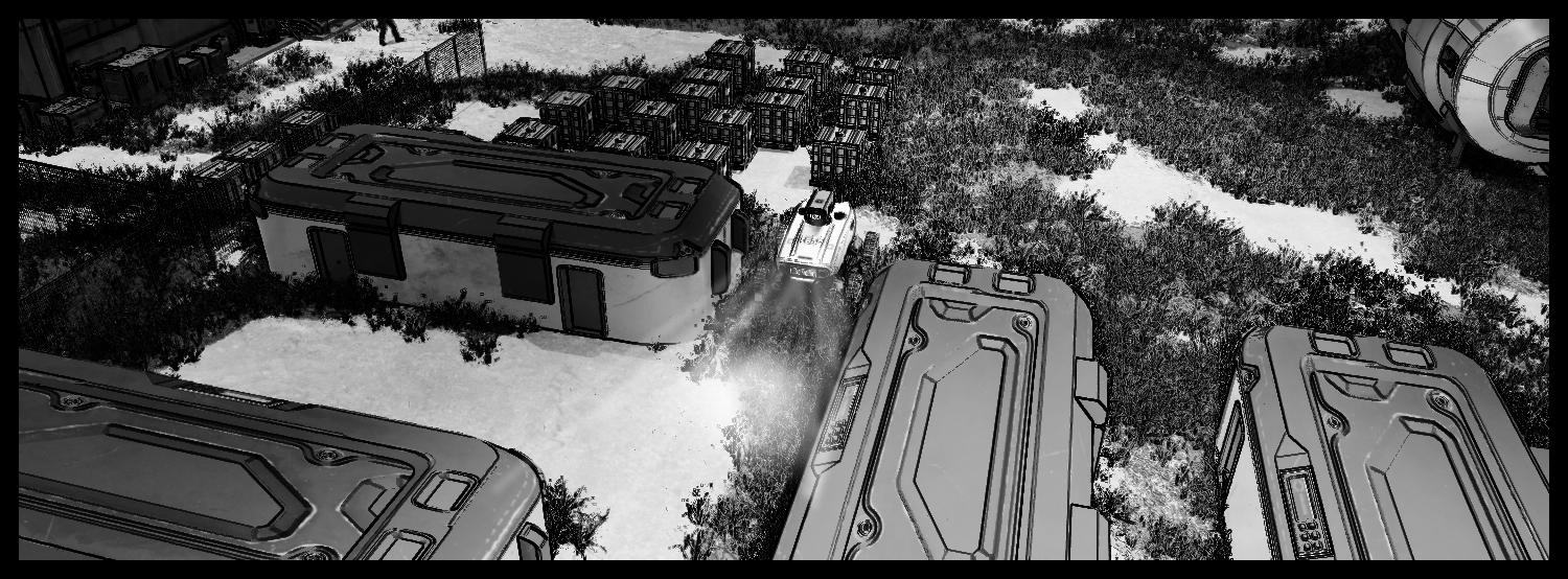A security scene where patrol robots move outside the research facility
