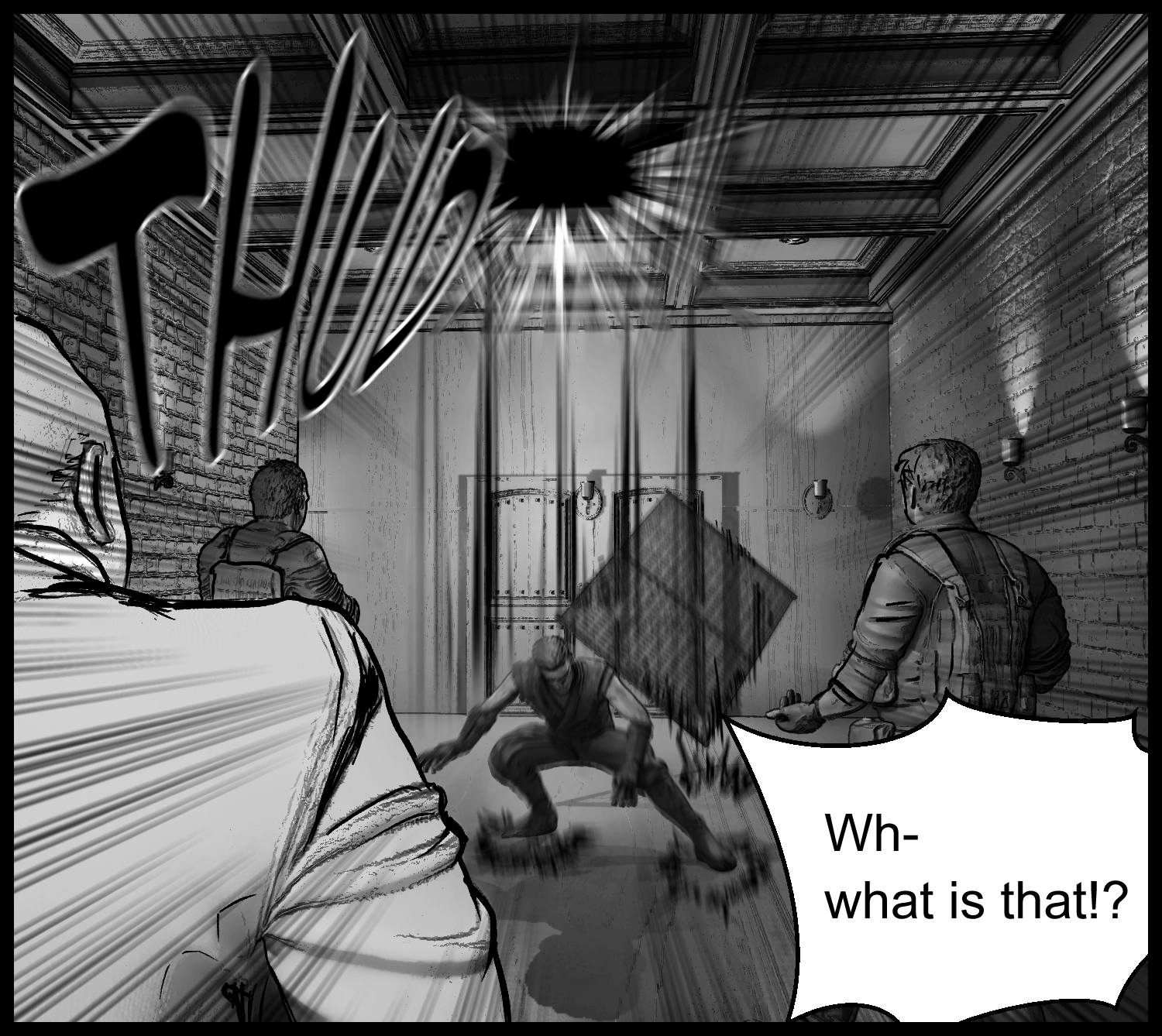 The protagonist jumps in front of the guards, catching them by surprise