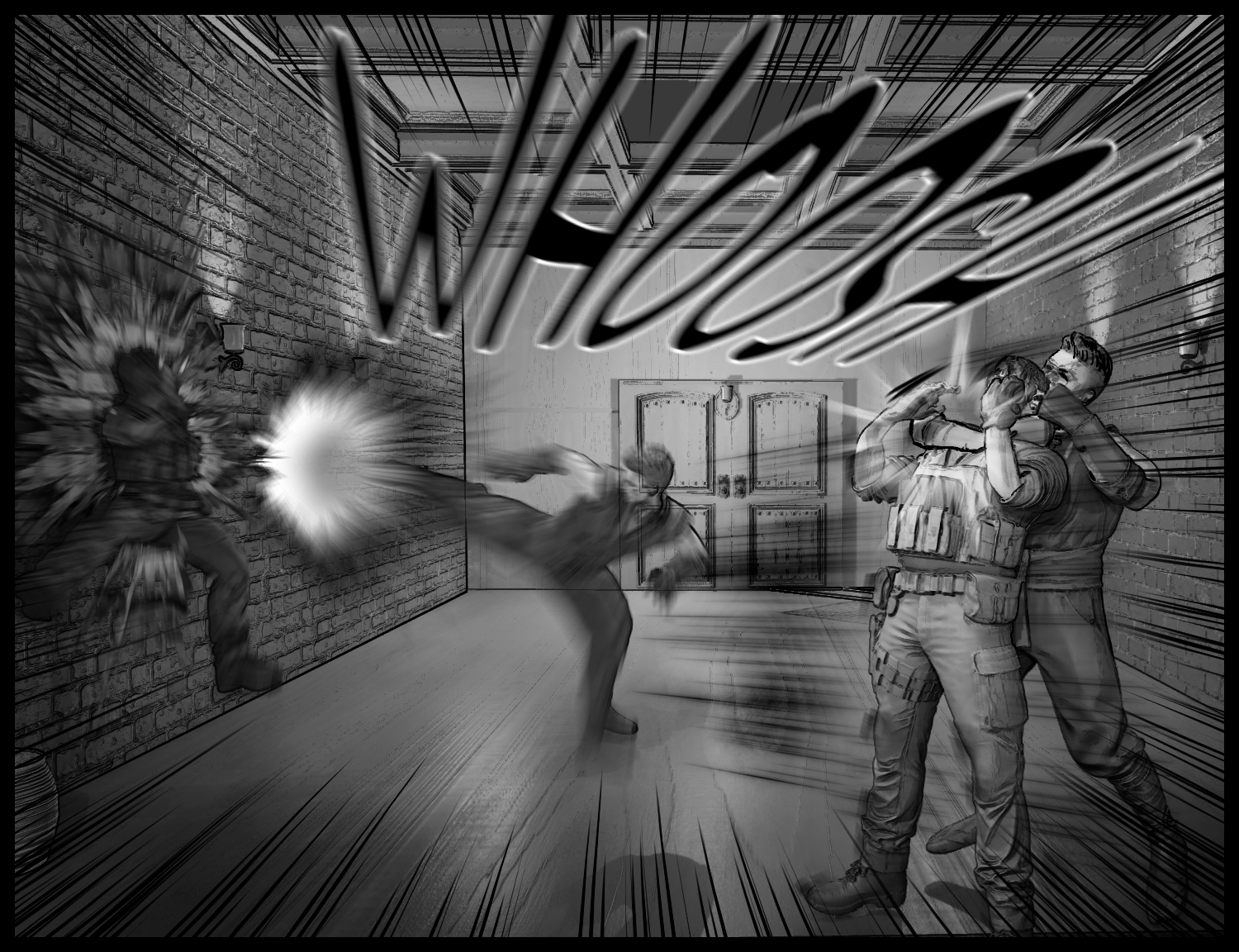 An action scene where the protagonist subdues the guards in an instant
