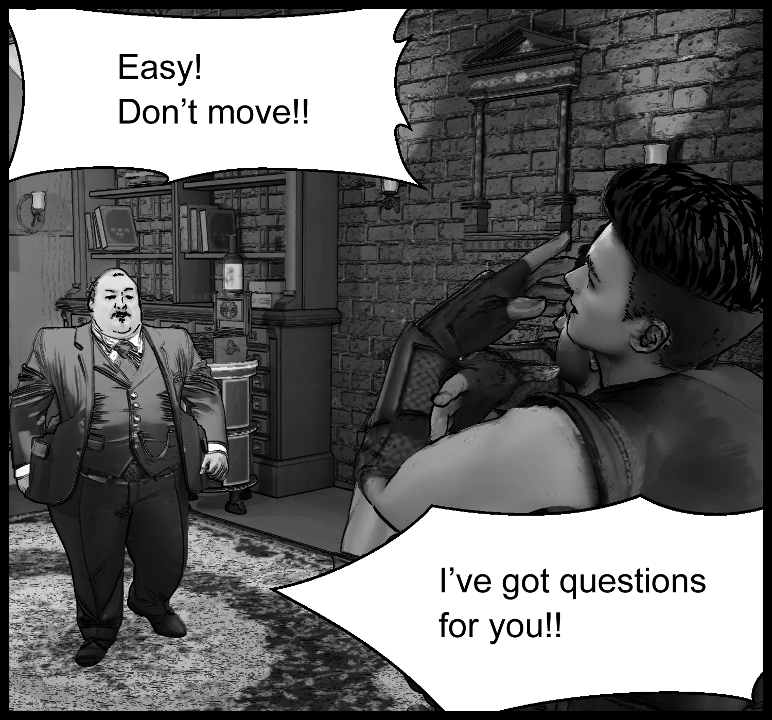 A tense scene where the protagonist restrains a guard while questioning the corporate executive