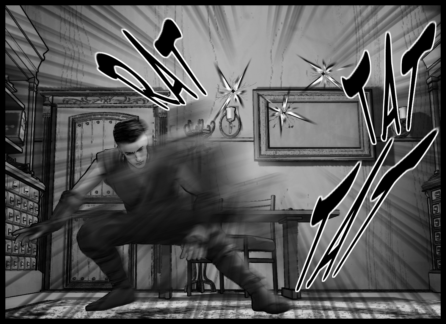The protagonist quickly dodges as the guards open fire