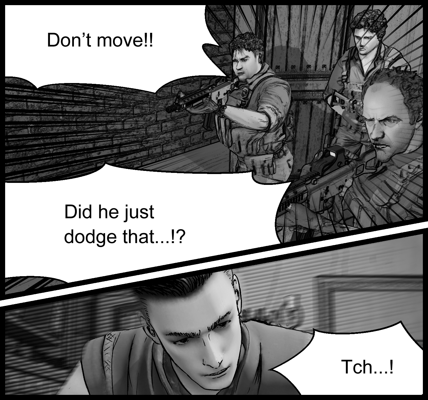 An action scene where the guards cannot react to the protagonist’s movements
