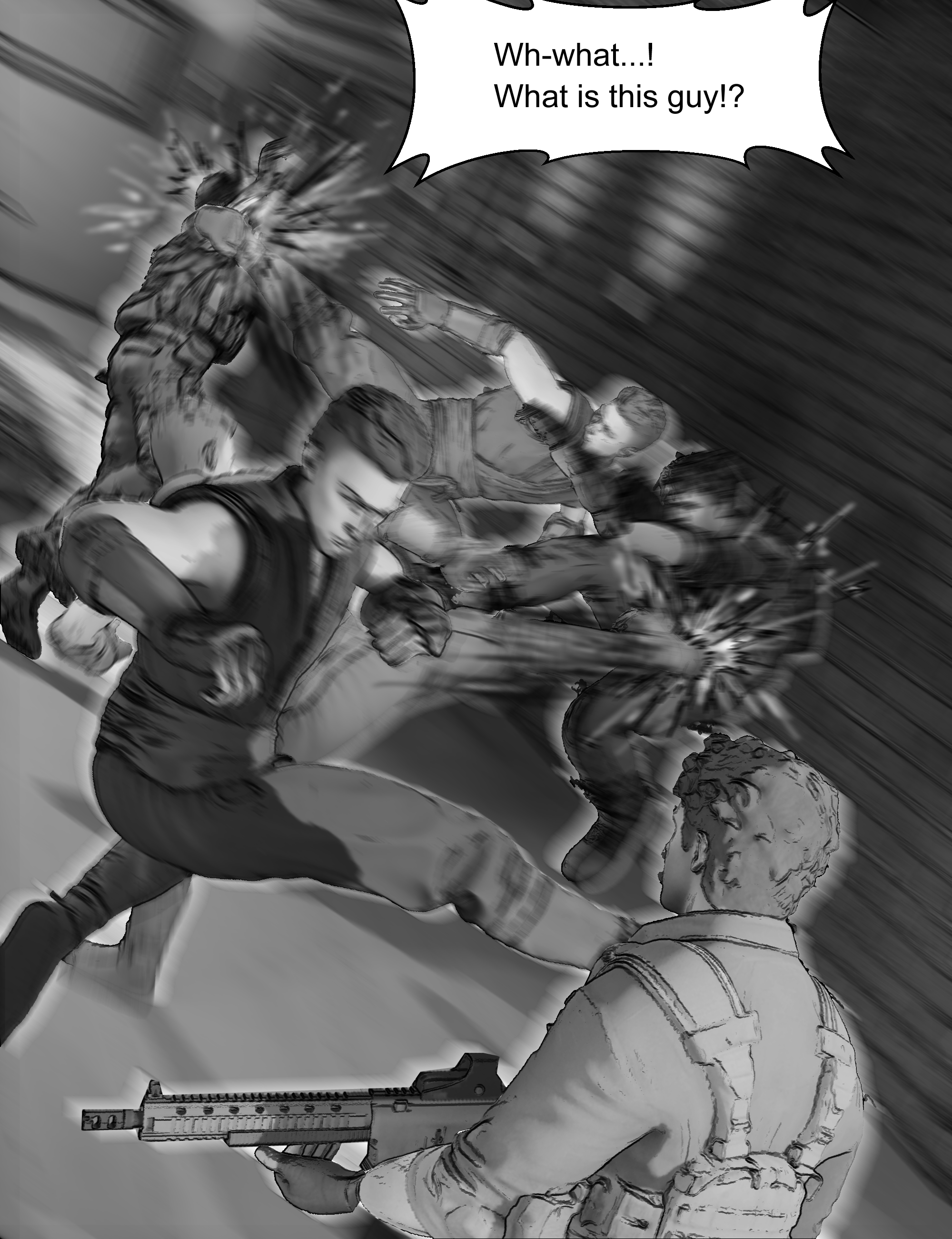 The protagonist seizes a brief opening and breaks through the guards