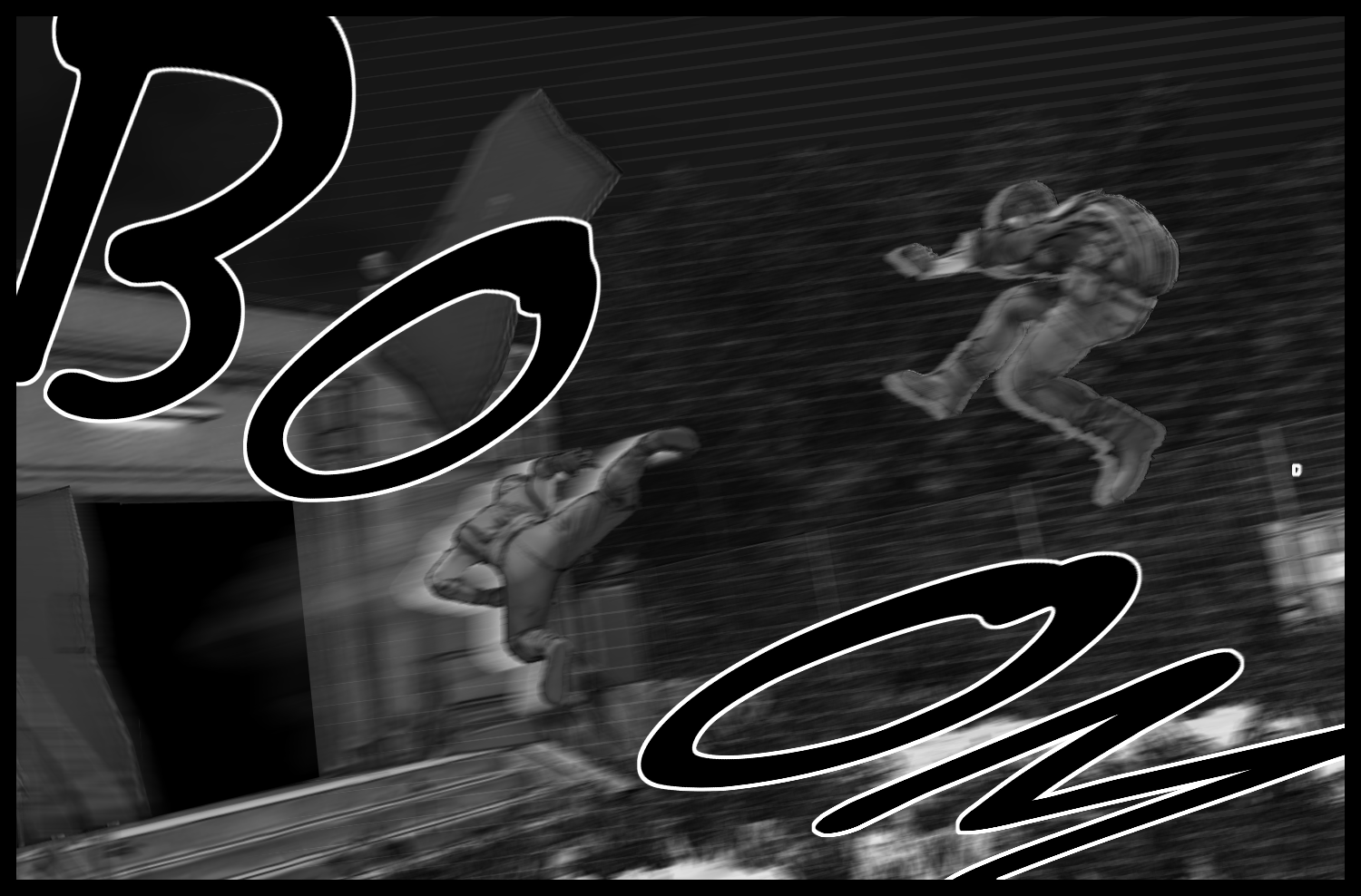 The protagonist kicks an enemy through the door and escapes outside