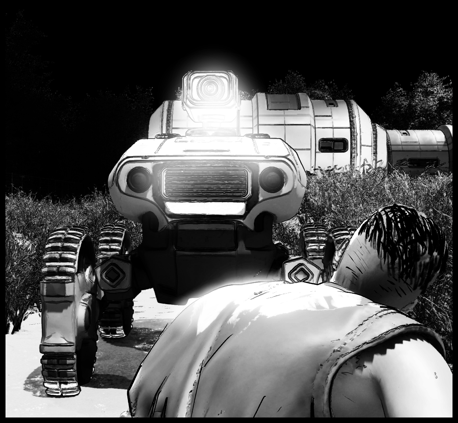 A patrol robot appears in front of the protagonist and blocks his escape route