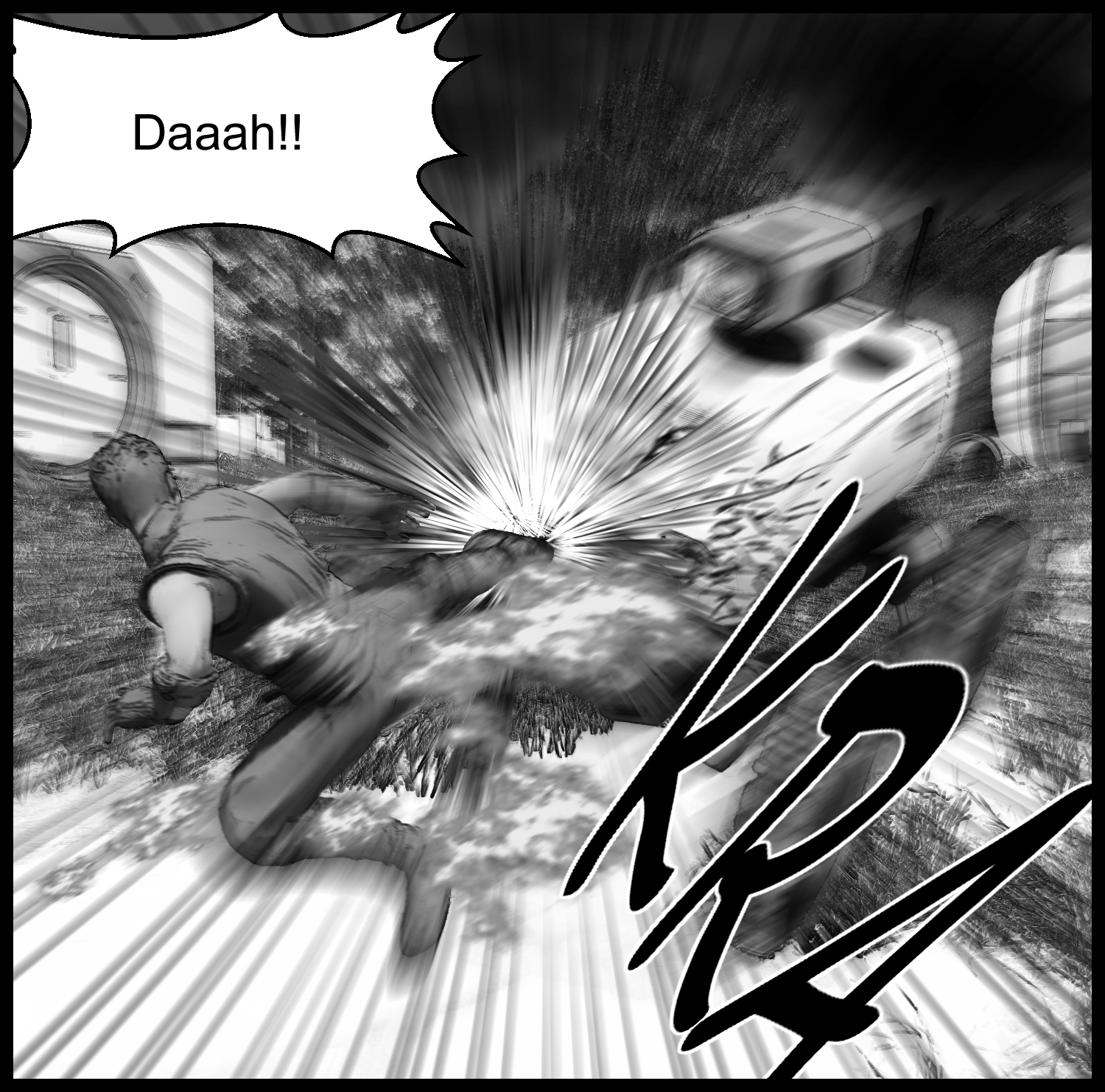 A sci-fi action scene where the protagonist’s attack sends a shock through the patrol robot