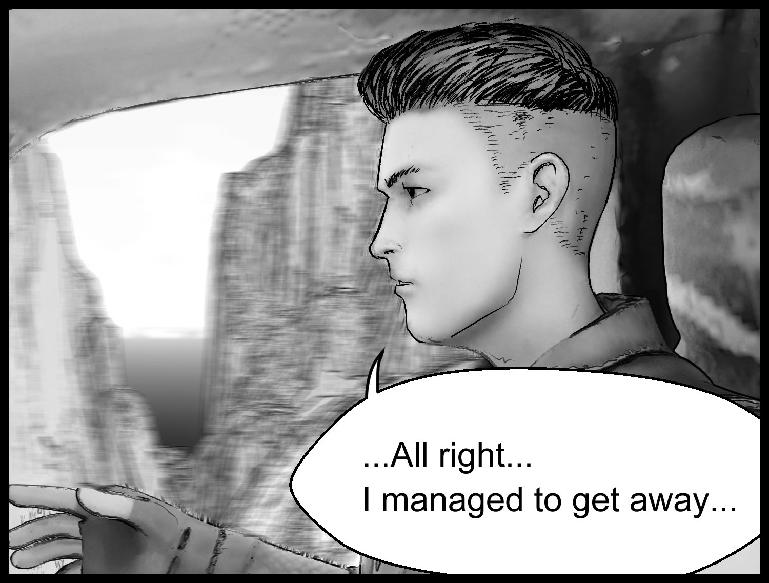 The protagonist travels by helicopter, relieved to finally be alone