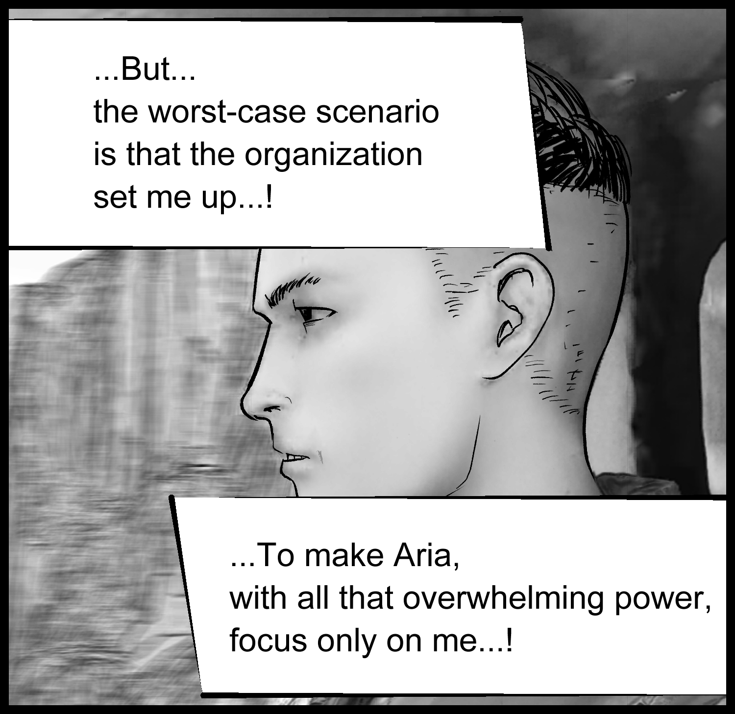 A tense scene where the protagonist worries about being captured by Nexcura