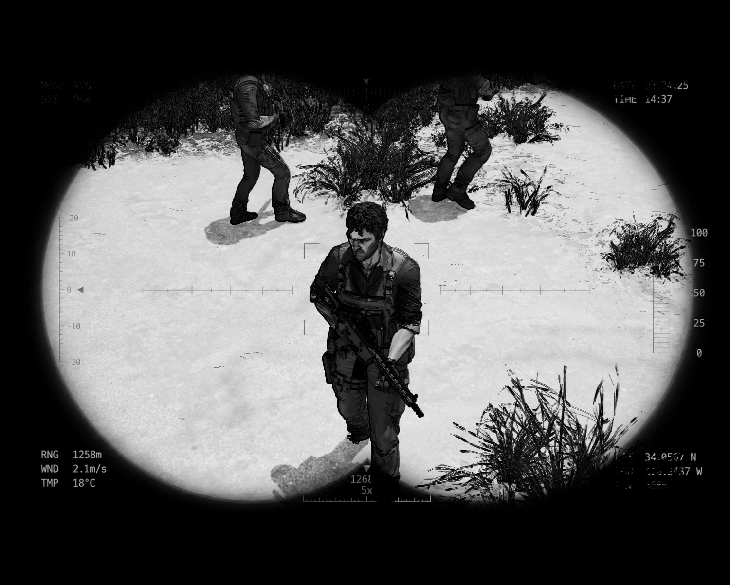 A reconnaissance scene before infiltration as the protagonist observes facility guards through binoculars