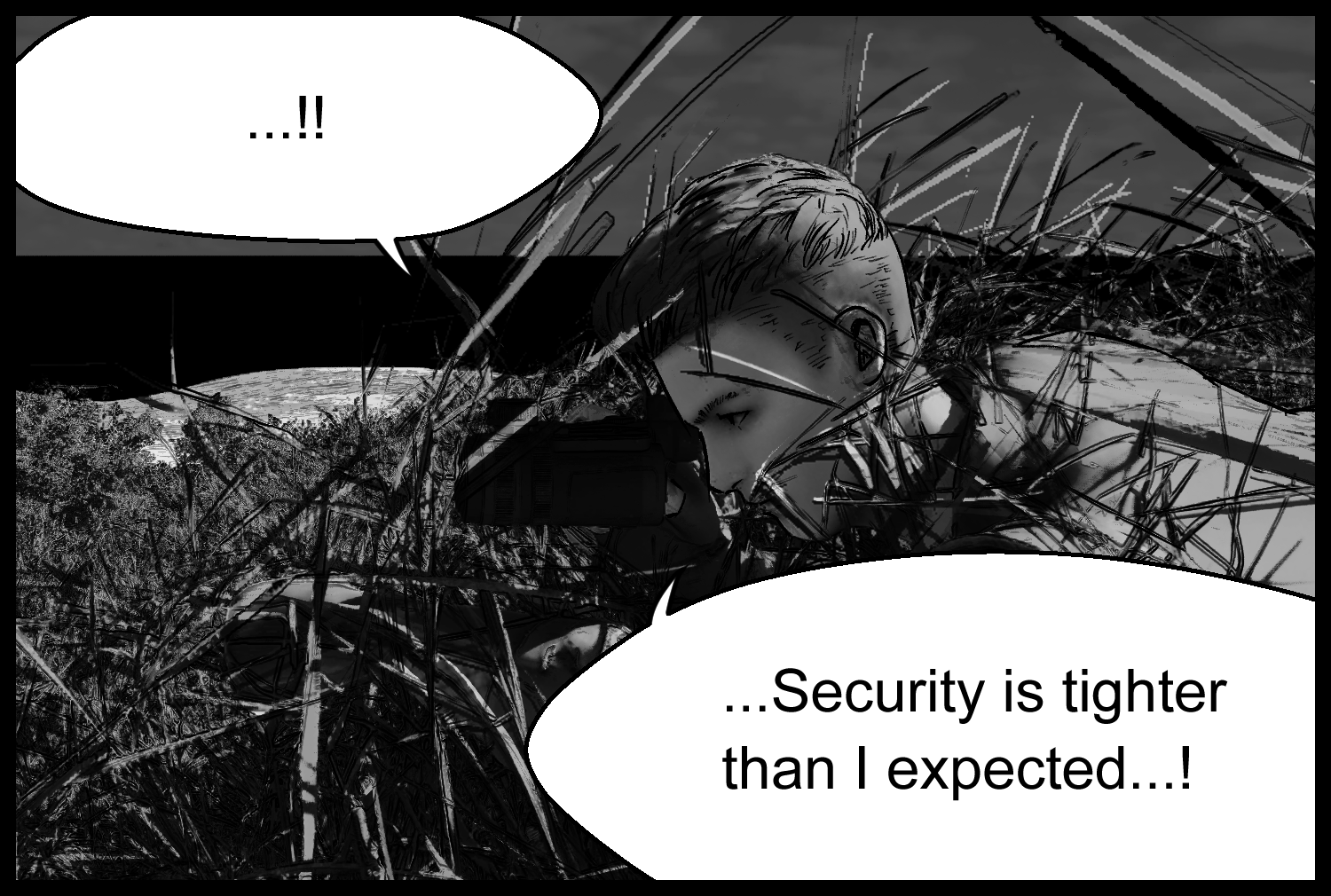The protagonist hides in the grass and assesses how tightly the facility is guarded