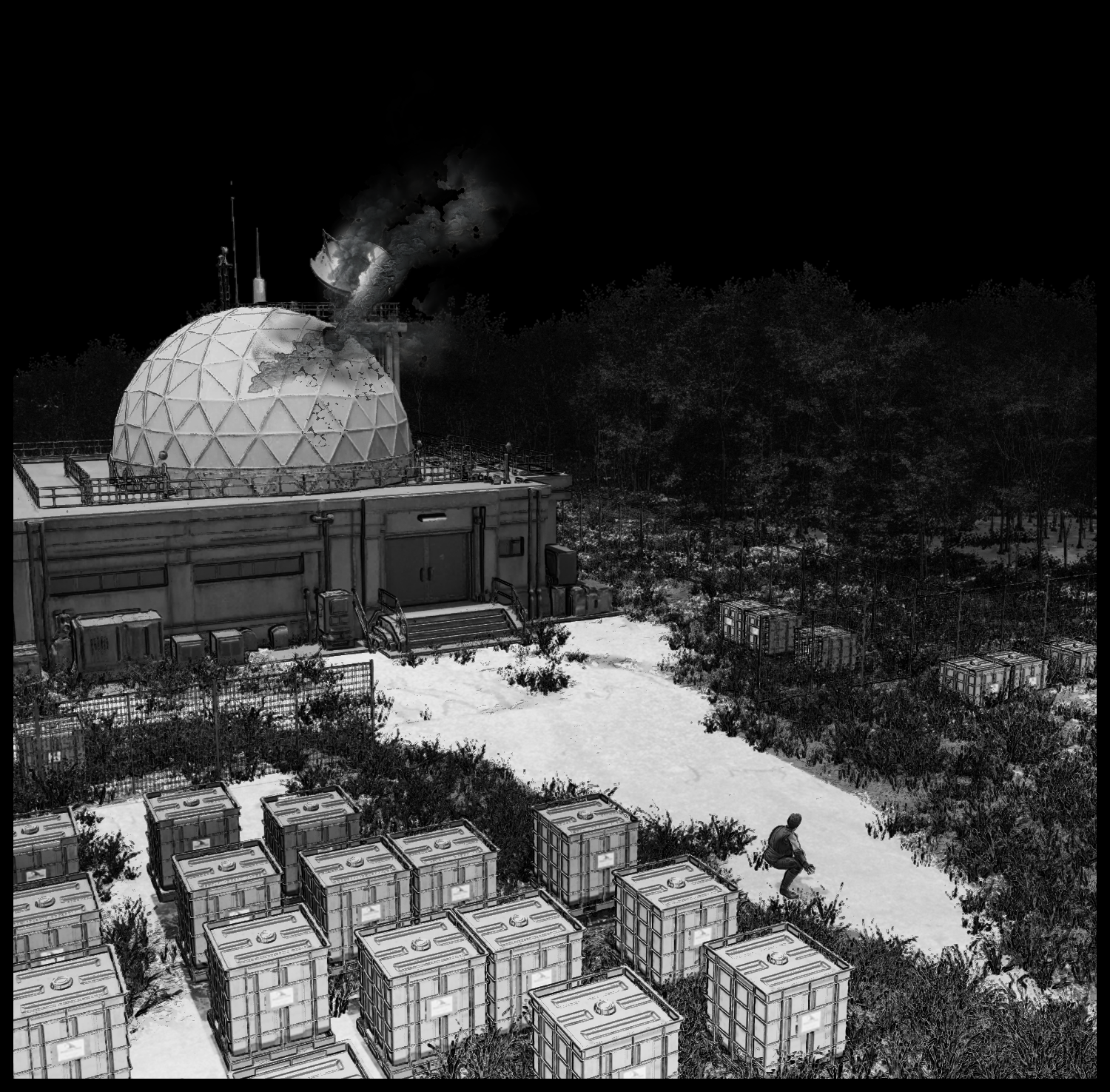 Smoke rises from the research facility at night in the opening scene of Cloning of... Episode 6
