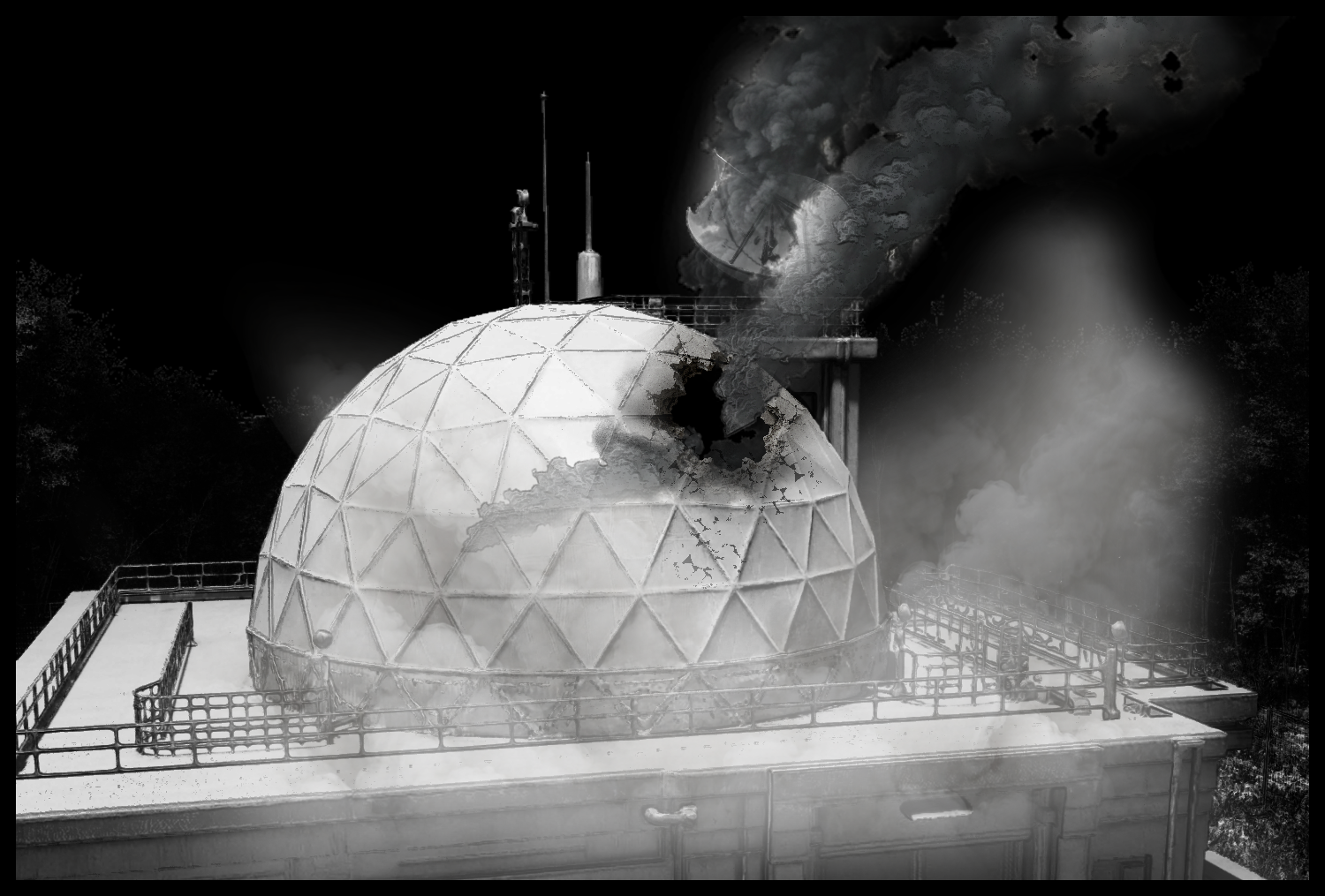 A tense scene where black smoke bursts from the dome-shaped research facility