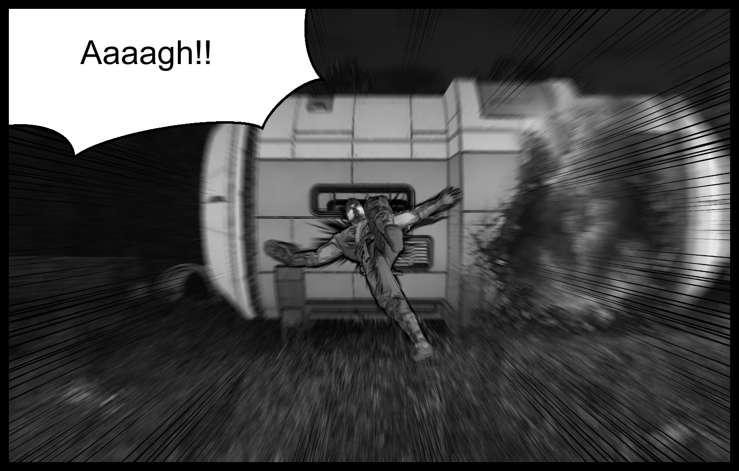 The enhanced human's attack sends the protagonist flying into the wall of the research facility