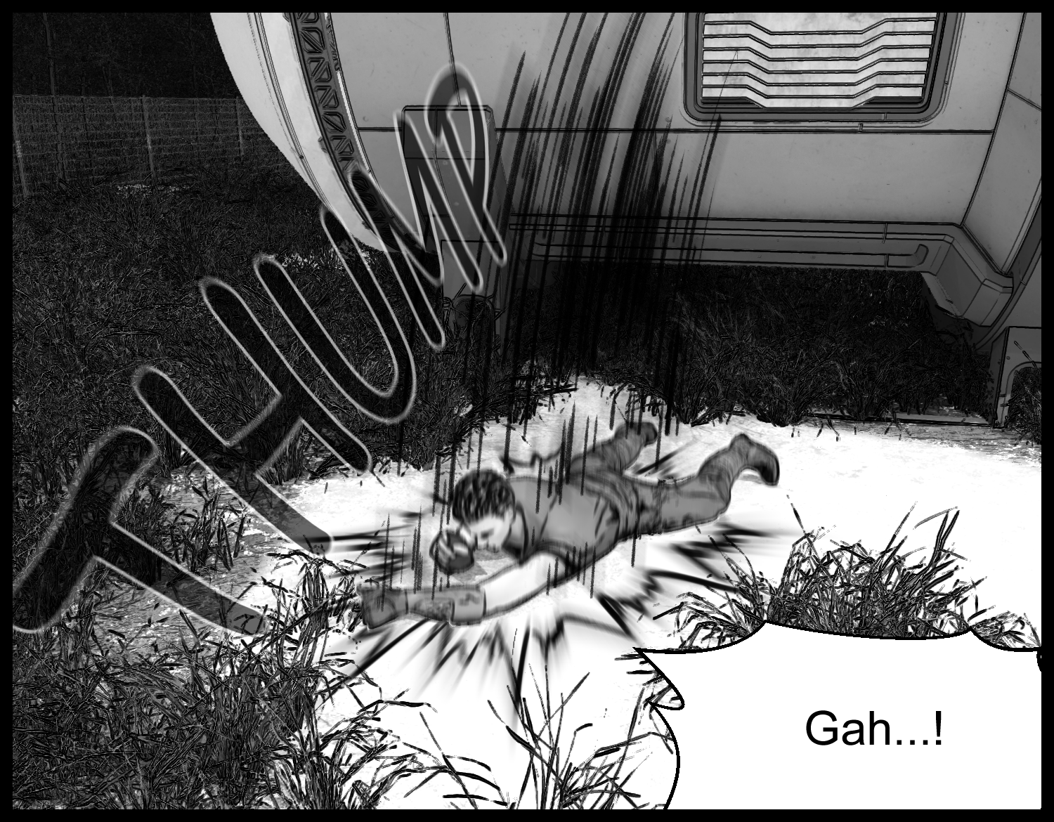 The protagonist falls into the grass and tries to catch his breath