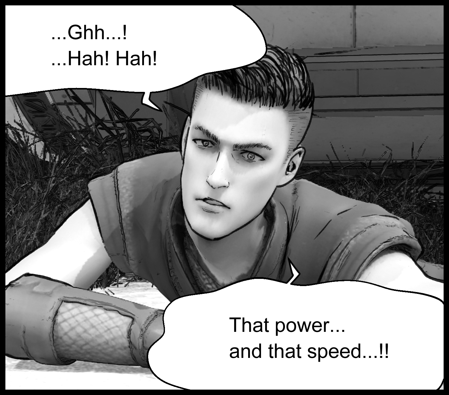 The protagonist is shocked by the enhanced human's power and speed