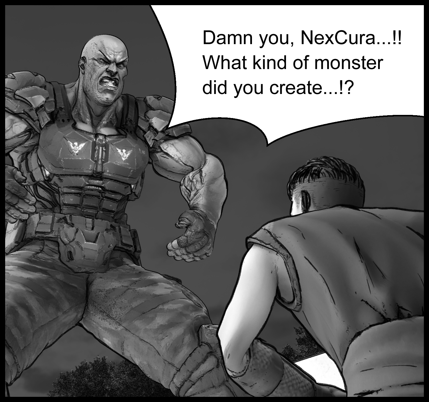 A tense scene where the enhanced human is described as an experimental subject created by Nexcura