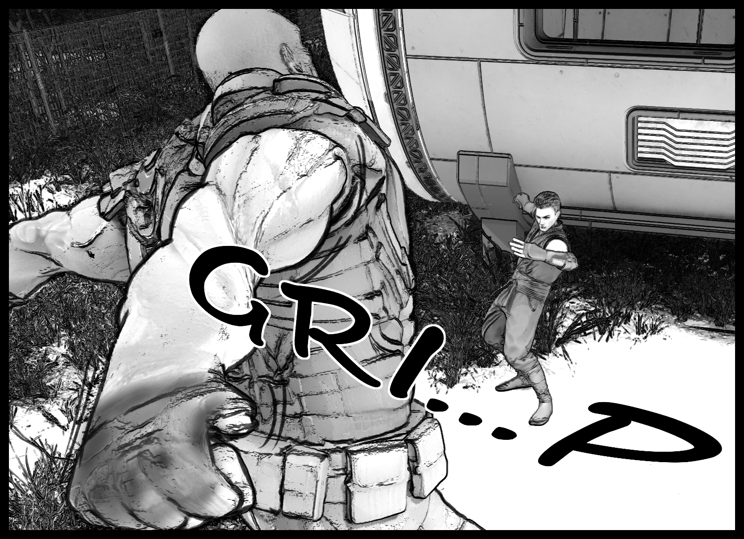 The protagonist keeps his distance from the massive enhanced human and searches for his next move