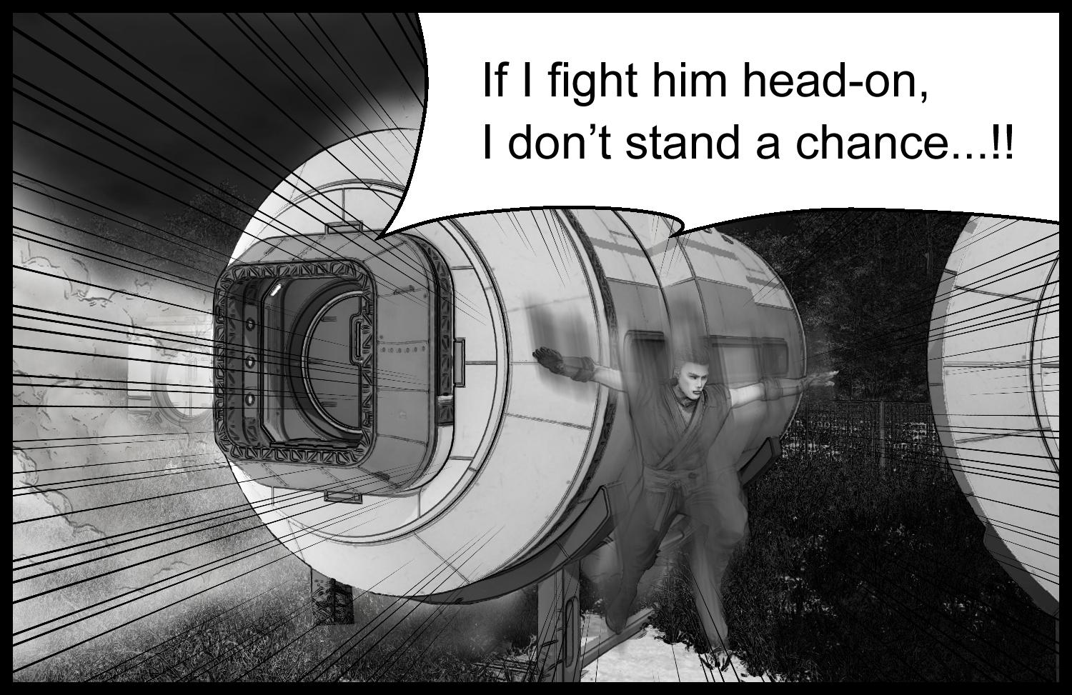 A tense scene where the protagonist judges the danger of fighting head-on