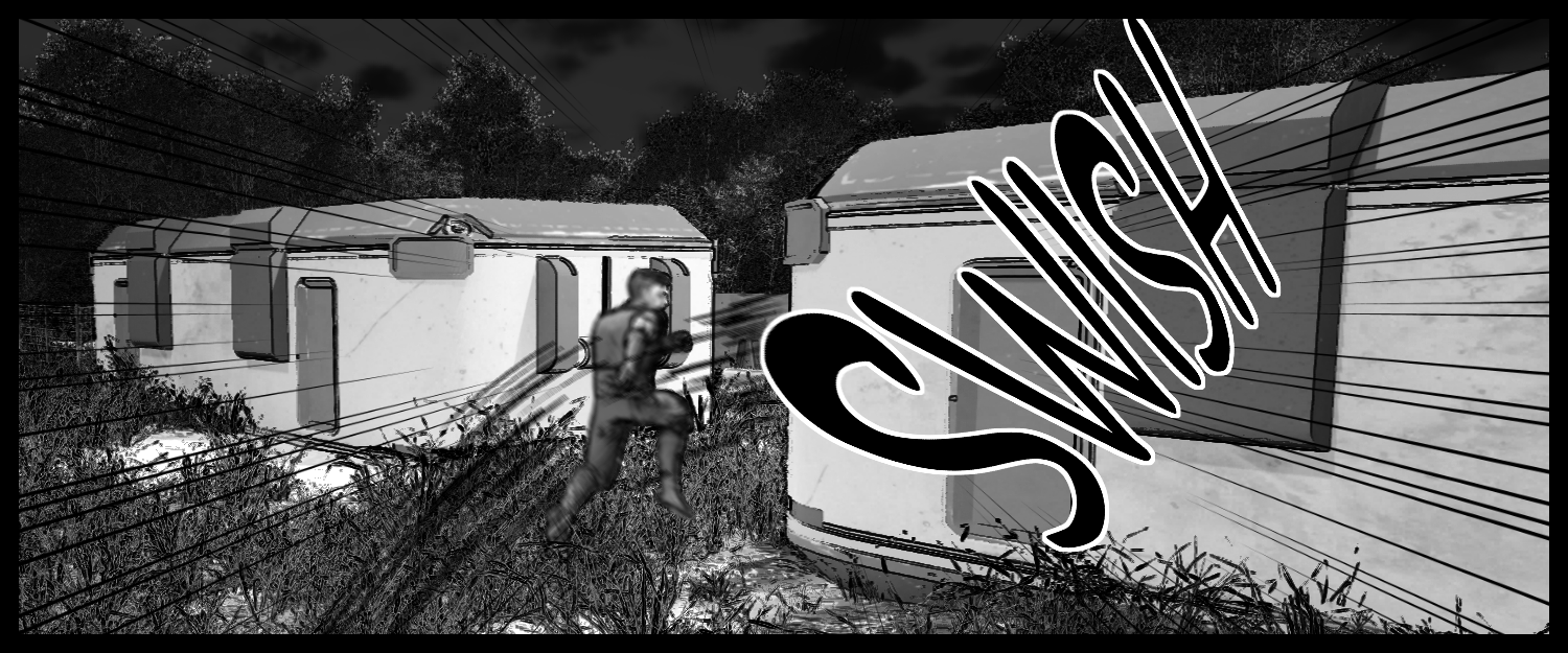The protagonist runs behind the facility to escape the enhanced human