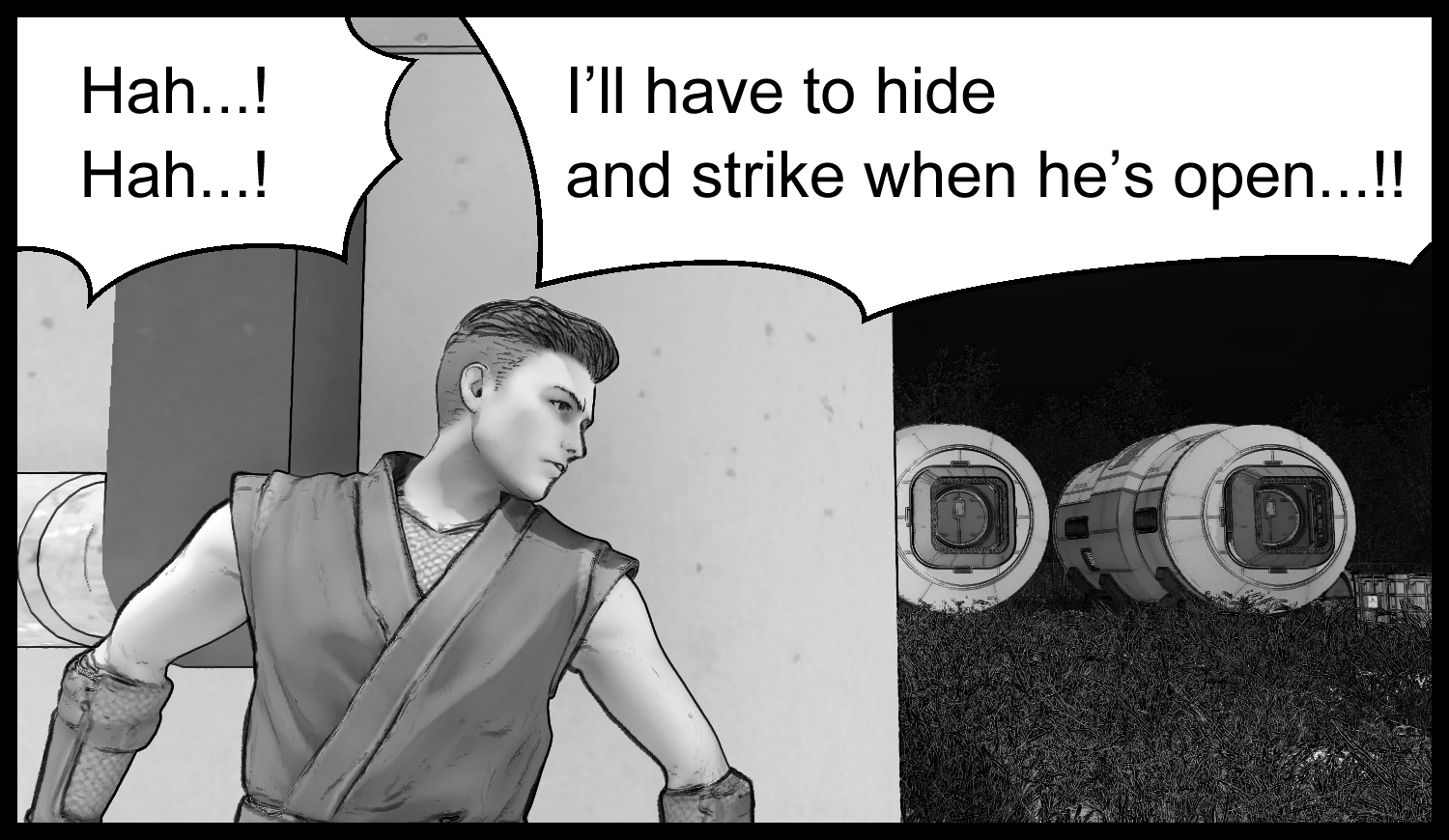 The protagonist hides while looking for an opening against the enhanced human