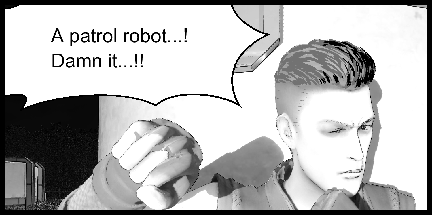 The protagonist notices the patrol robot's alert response and tries to evade it