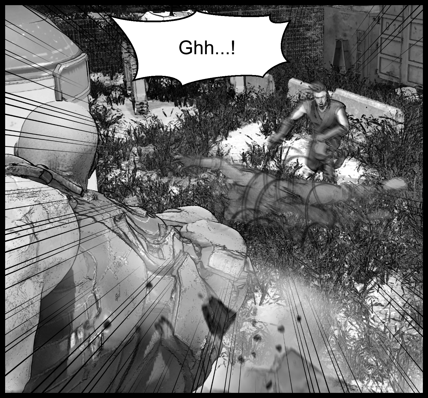 An action scene where the protagonist dodges the enhanced human's attack
