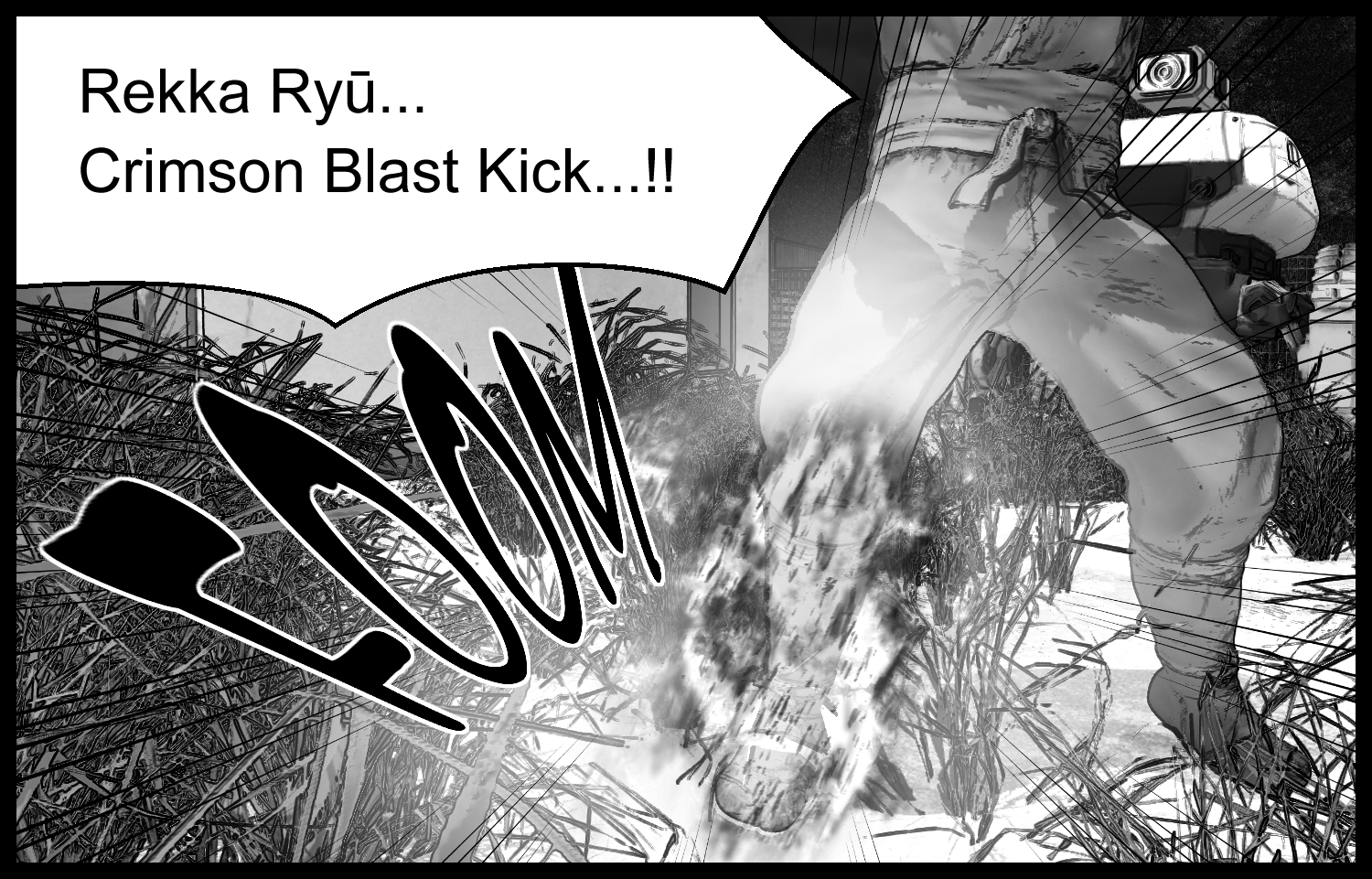 A tense scene where the protagonist prepares to unleash Rekka Ryū: Kōbaku Kyaku