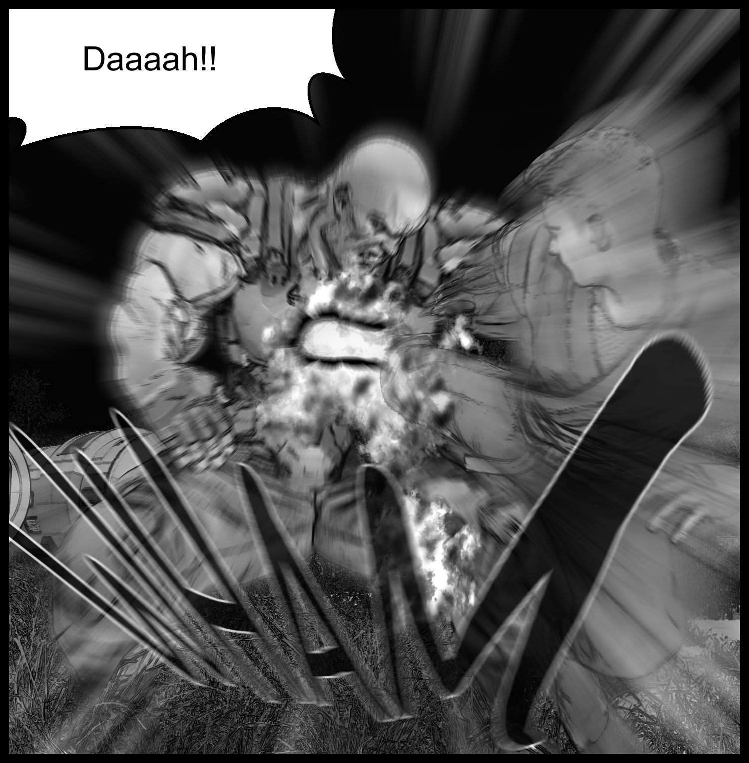 A sci-fi battle manga scene where the protagonist's Kōbaku Kyaku strikes the enhanced human