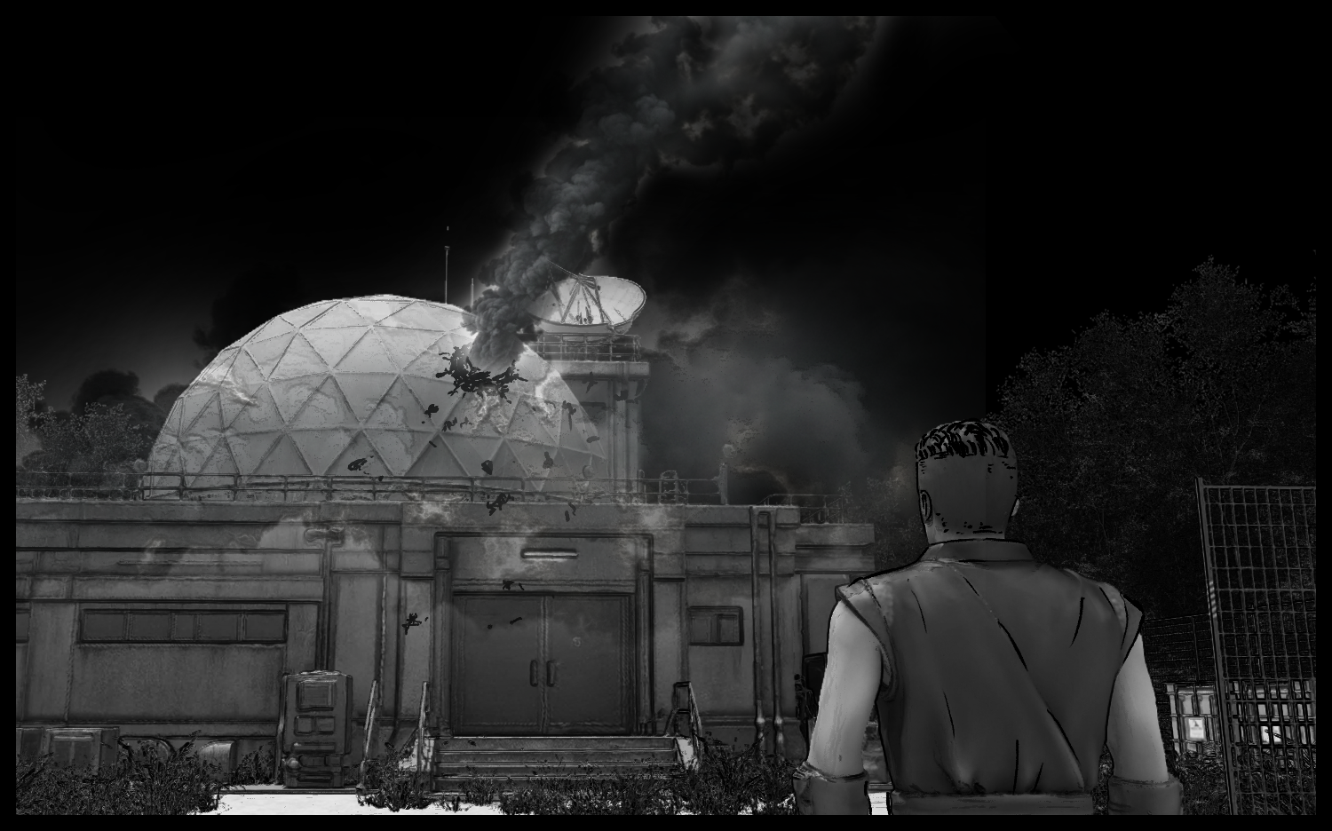 The protagonist notices something unusual while watching smoke rise from the research facility