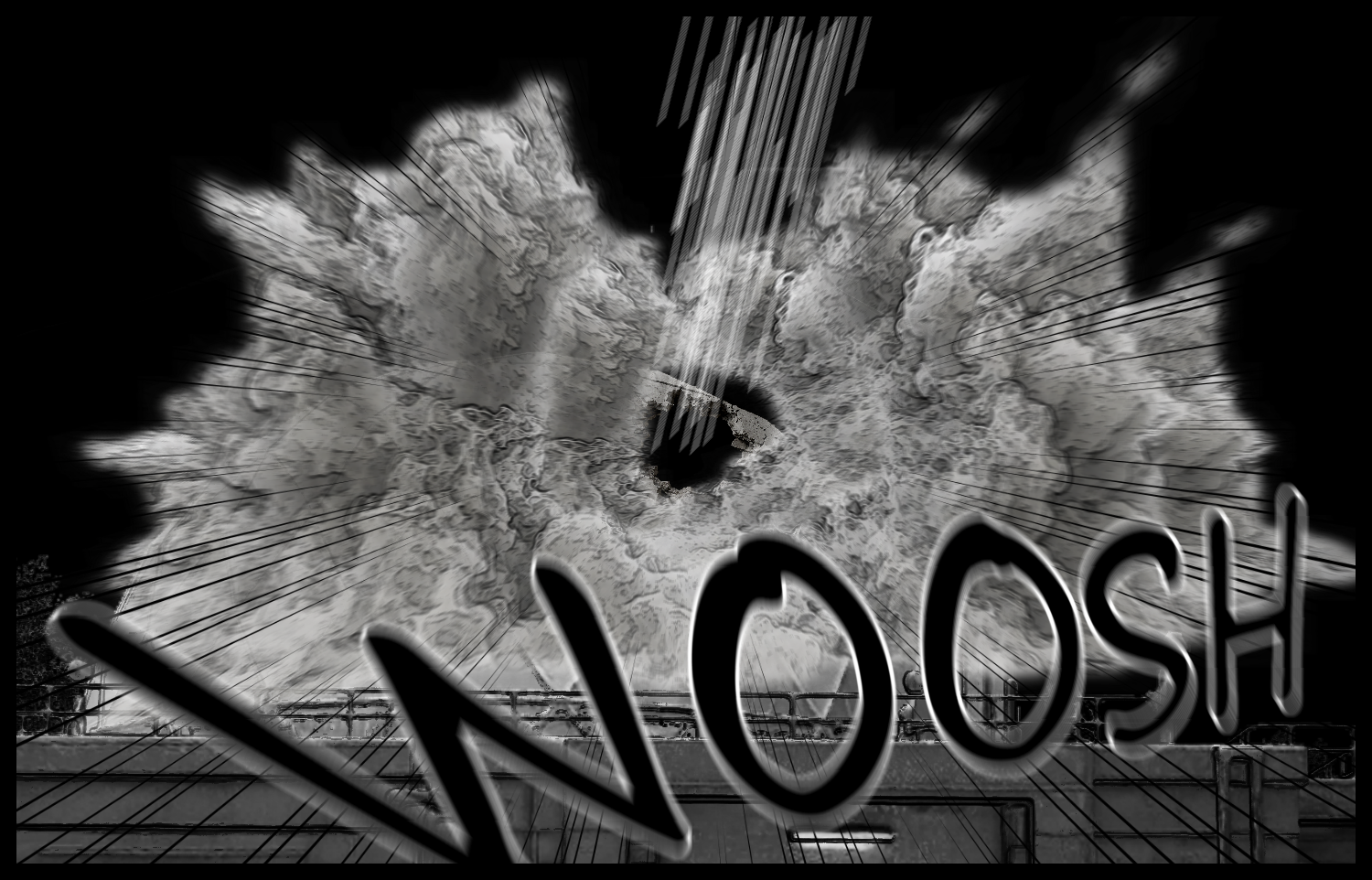 A sci-fi action scene where a powerful impact hits part of the research facility and smoke spreads