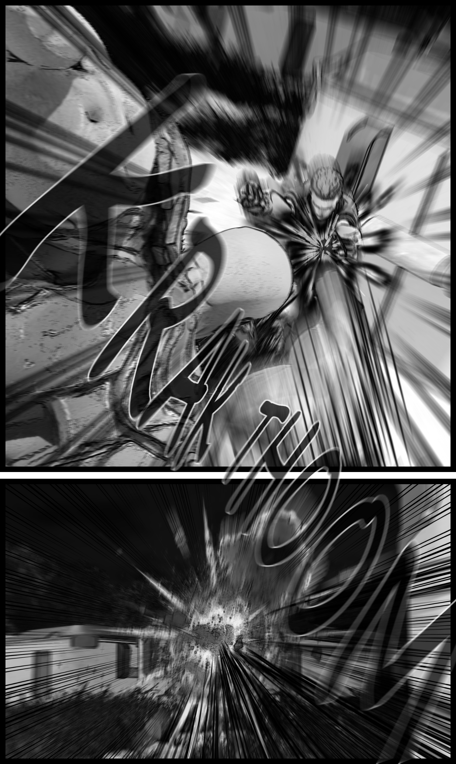 An action scene where the enhanced human counterattacks the protagonist and they clash again