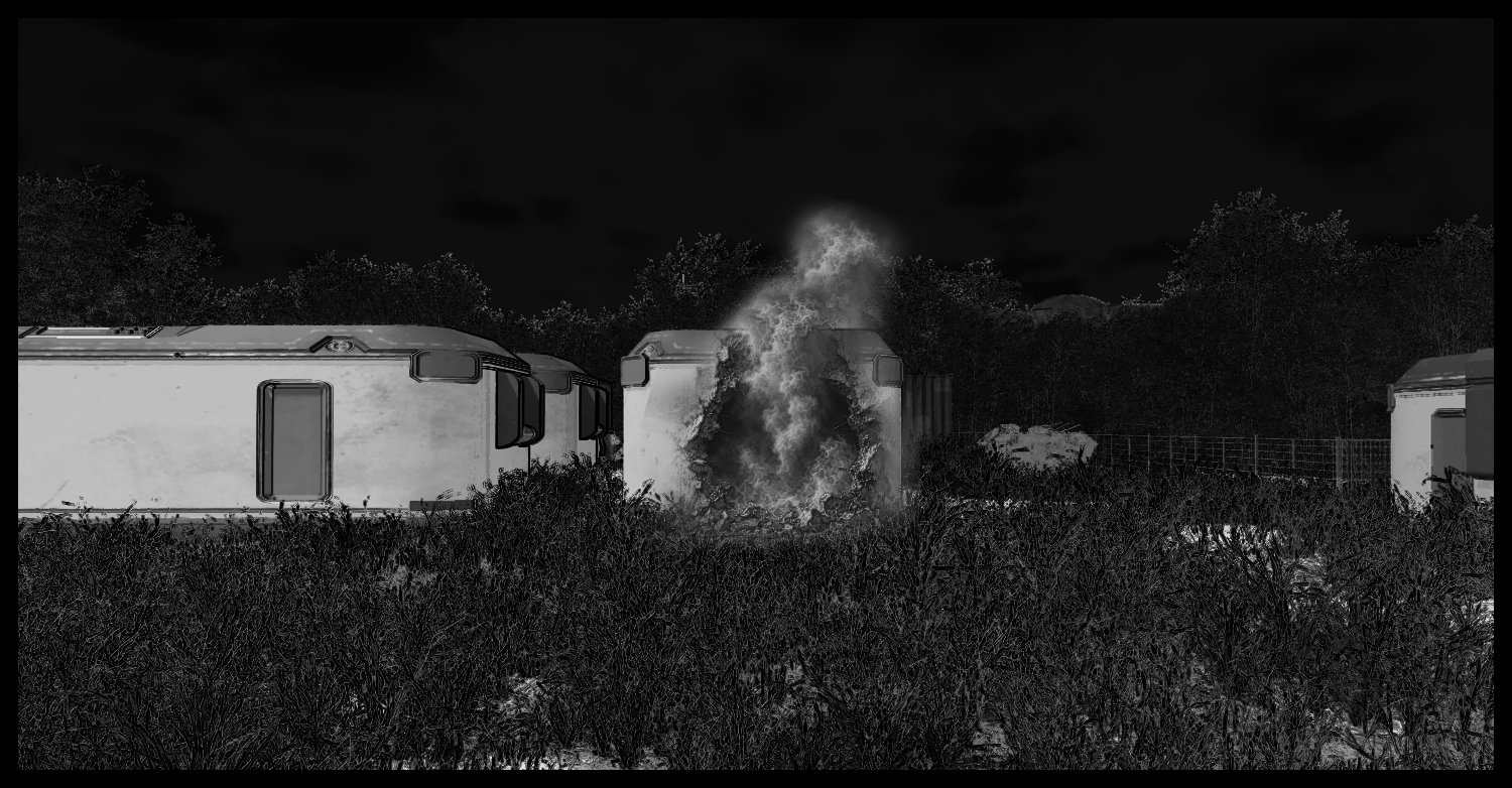 Debris and smoke fill the building where the protagonist was thrown into the wall