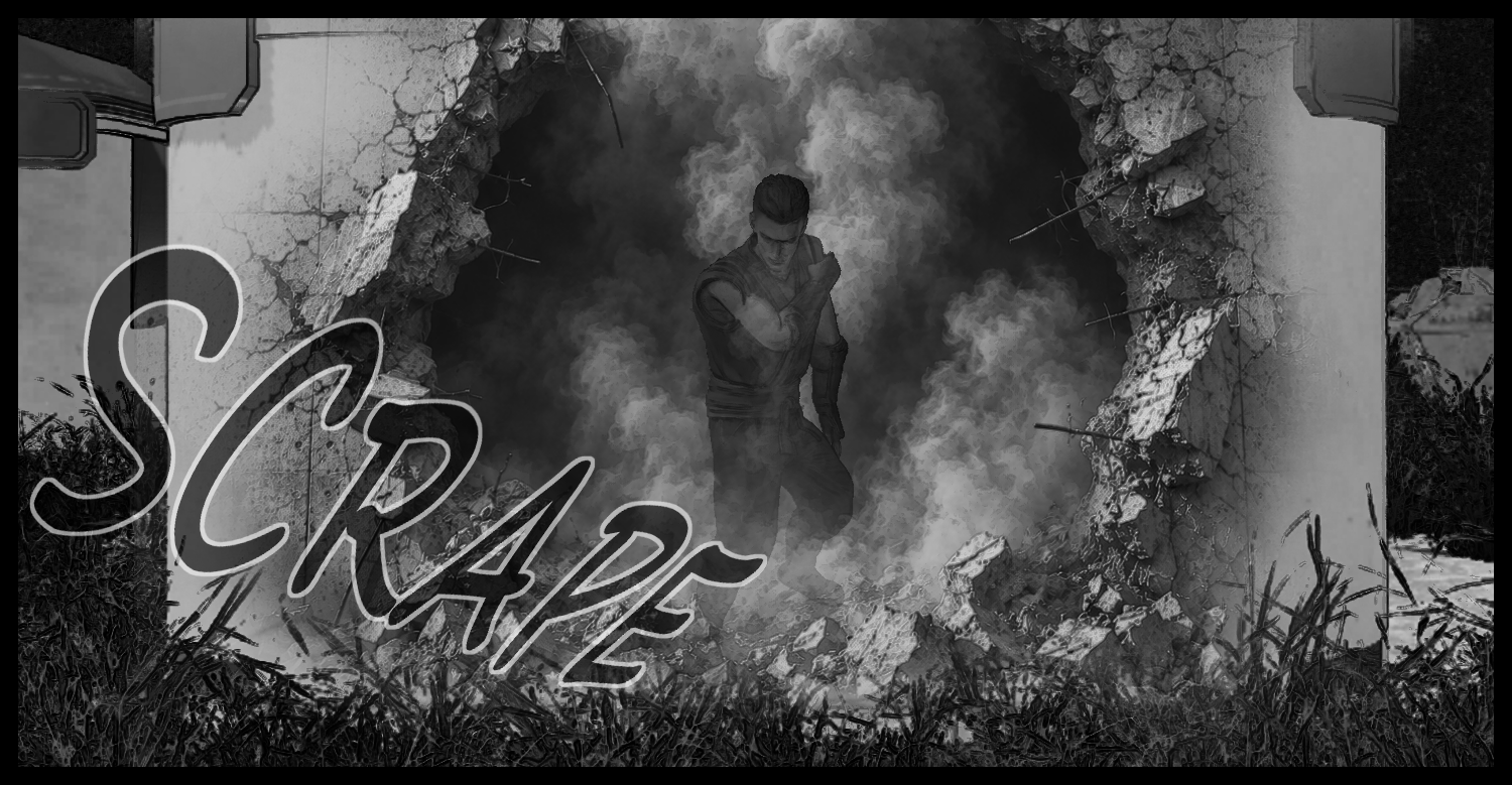 The protagonist struggles to stand up from the rubble
