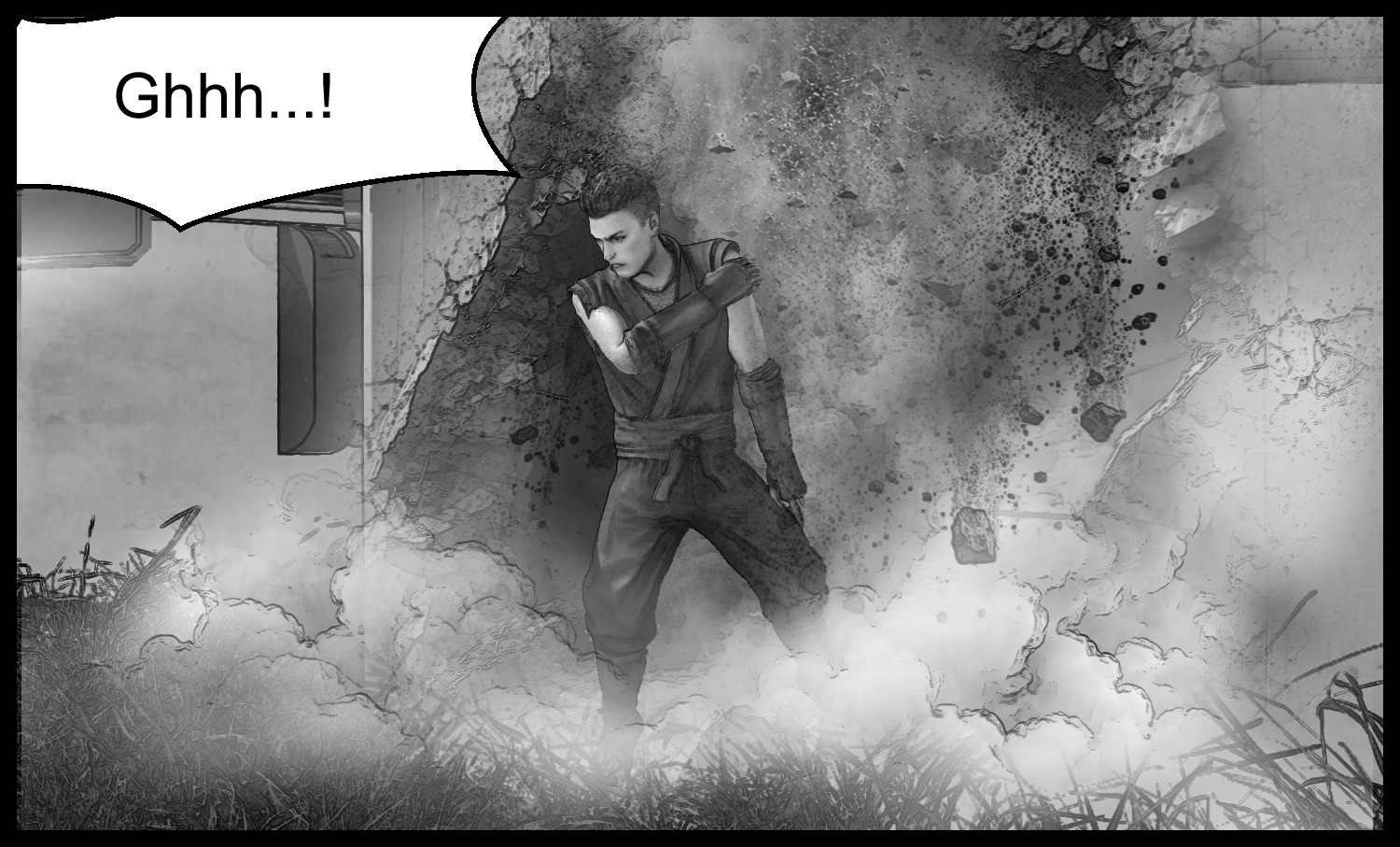 The protagonist emerges from the rubble while holding one arm