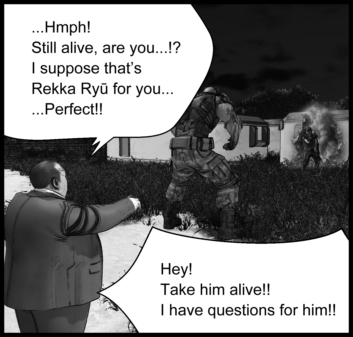 Security guards issue orders to capture the protagonist