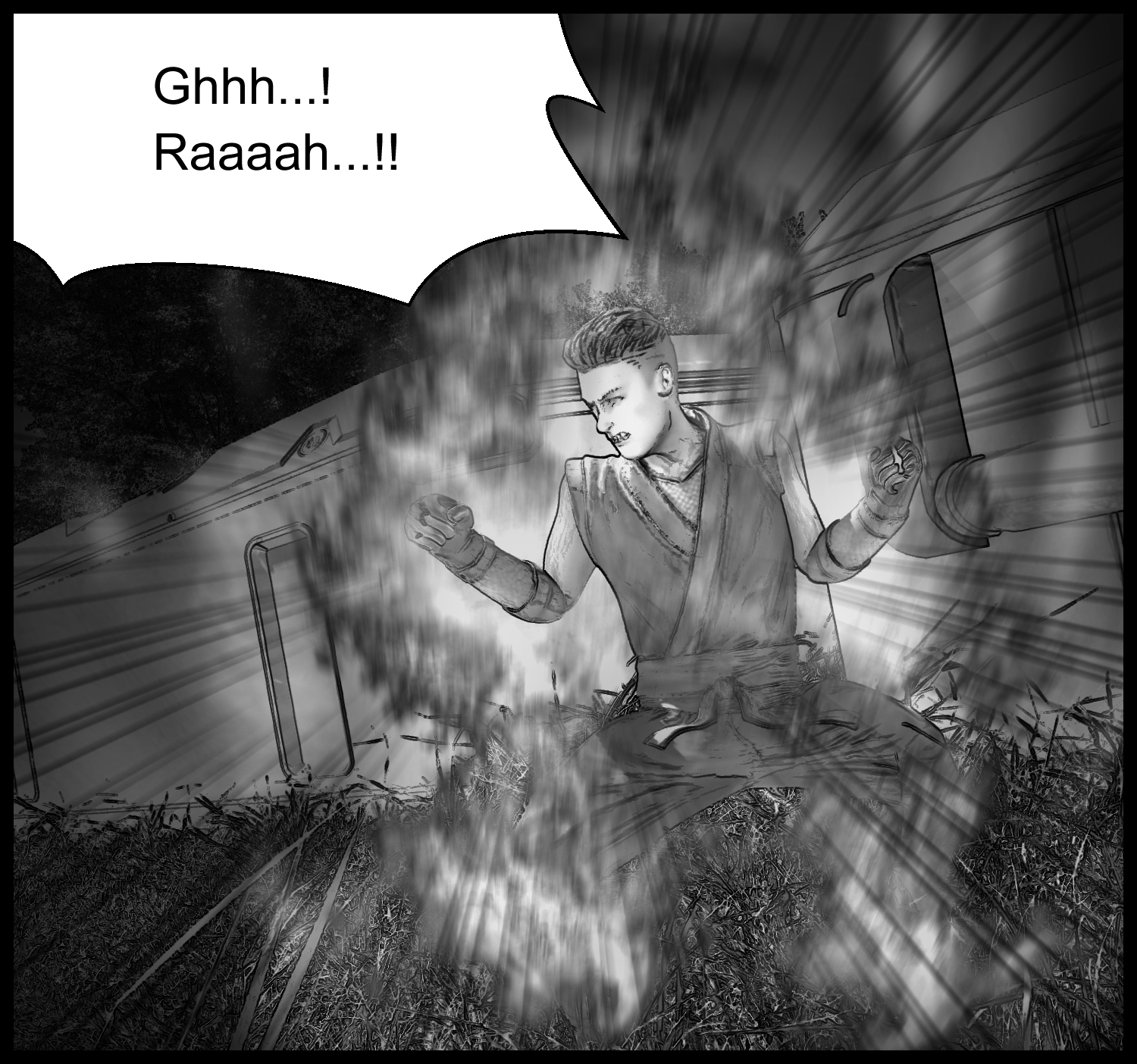 A powerful awakening scene where Rekka Ryū battle aura rises around the protagonist