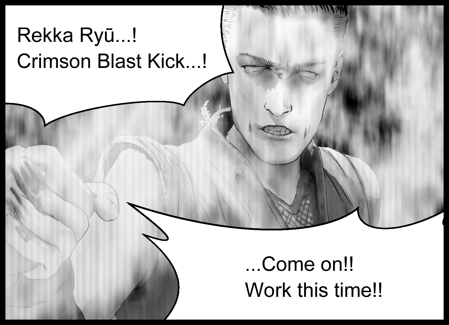 The protagonist gathers his fighting spirit to unleash Kōbaku Kyaku
