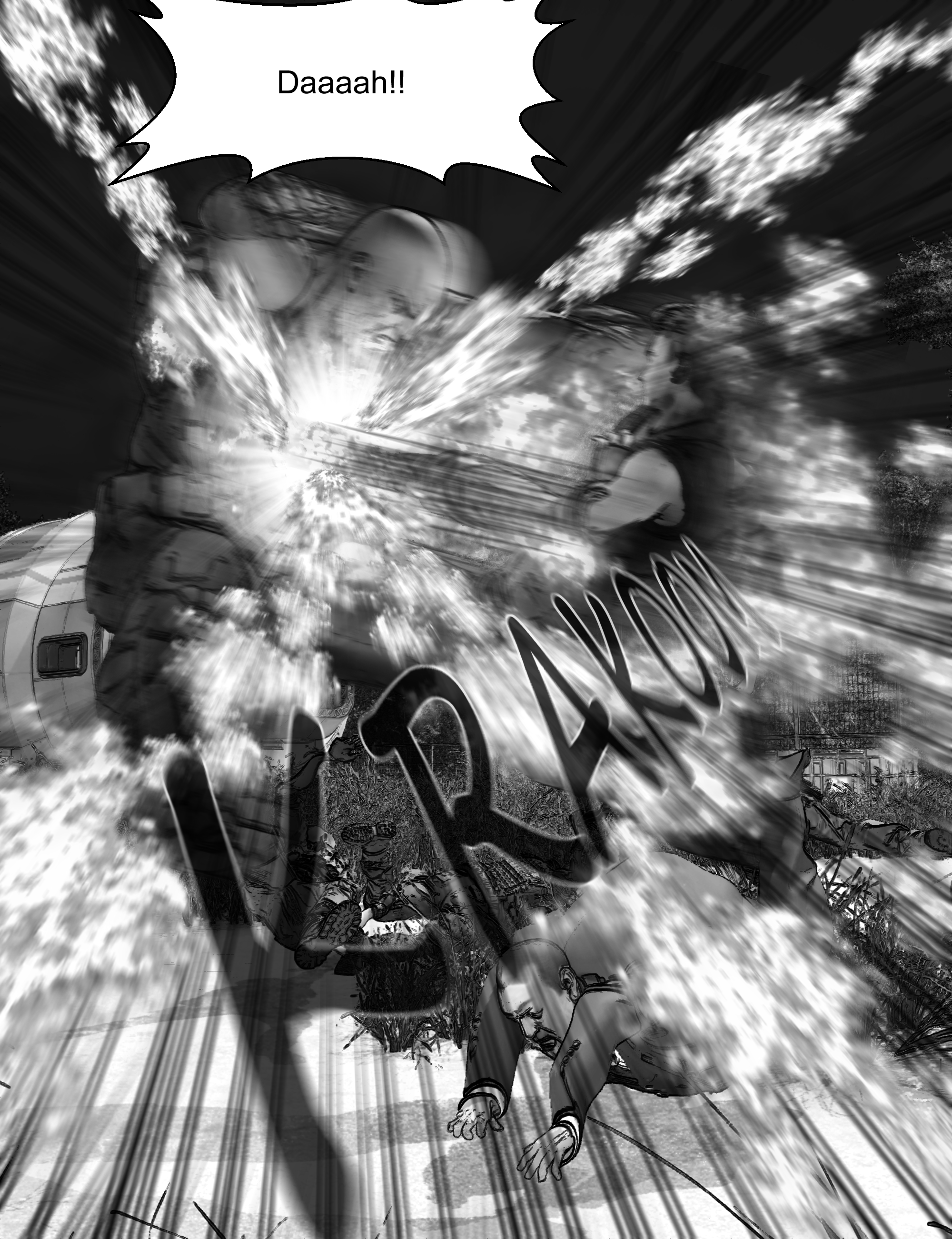 The protagonist charges at the enhanced human while unleashing Rekka Ryū: Kōbaku Kyaku