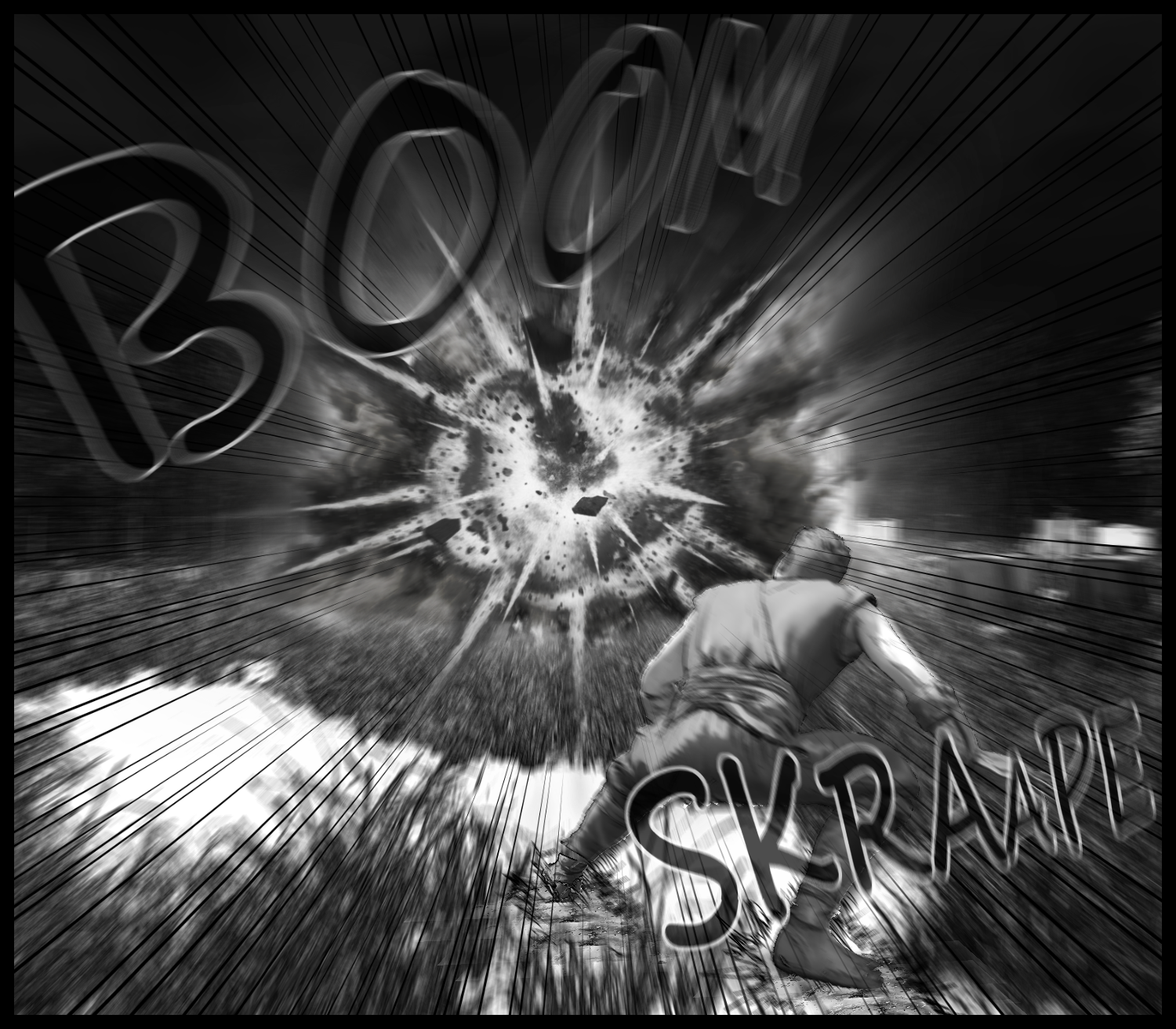 The enhanced human is blown away by Kōbaku Kyaku and crashes violently into a building